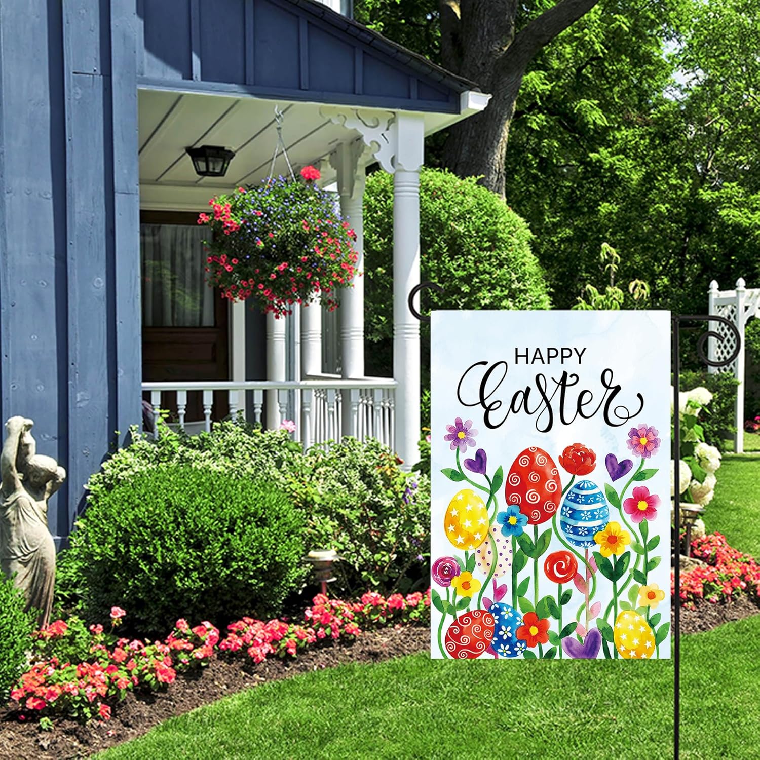 Morigins Easter Garden FlagFlowers Easter Eggs Welcome Easter Banners Outside Double Sided Spring Yard Outdoor Farmhouse Decoration (Large-28×40 inch)