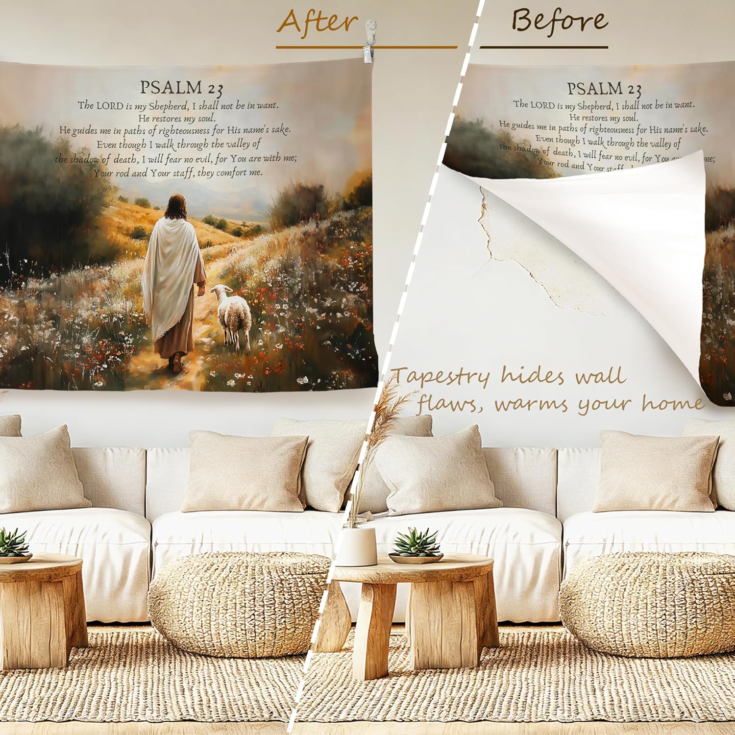 LADOCK Jesus and Lamb Christian Wall Tapestry, the Lord Is My Shepherd Psalm 23 Bible Verse Religious Tapestry Wall Hanging Decor for Church Prayer Room Home Office, 50x60 Inch