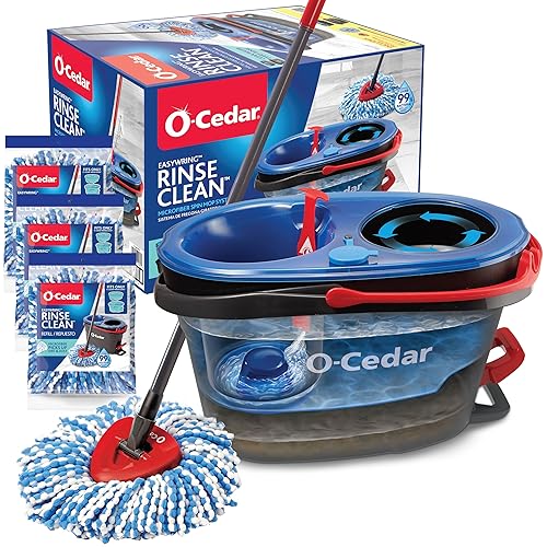 O-Cedar EasyWring RinseClean Microfiber Spin Mop & Bucket Floor Cleaning System with 3 Extra Refills, Plastic, Grey - Rinseclean Spin Mop & Bucket + 3 Extra Refills - Cleaning System