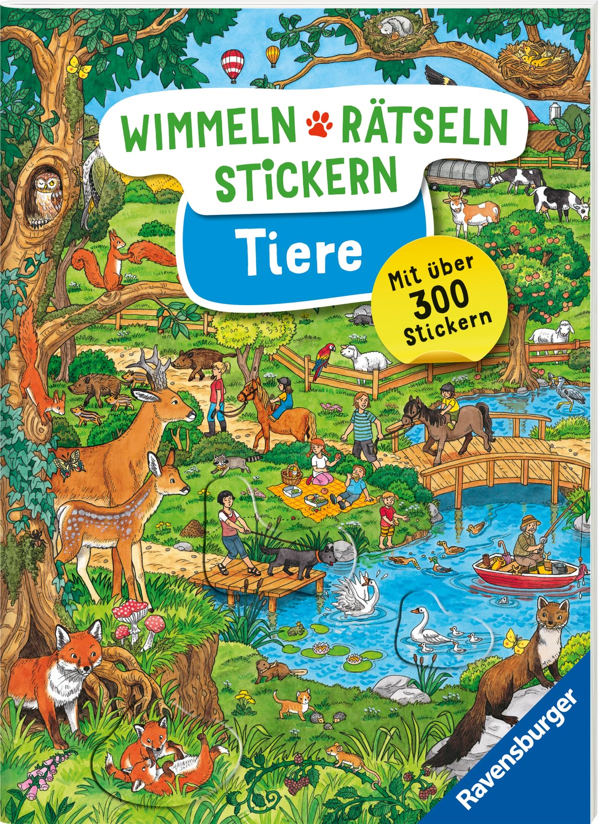 Ravensburger Wimmeln, Rätseln, Stickern: Tiere - Stickerbuch ab 4 Jahren, 13 Wimmelbilder, über 300 Sticker, Tiere