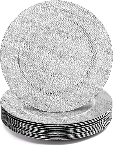 Jucoan Paquete de 12 platos de carga plateados de 13 pulgadas, plato redondo de plástico metálico para servir, platos de carga vintage para boda,
