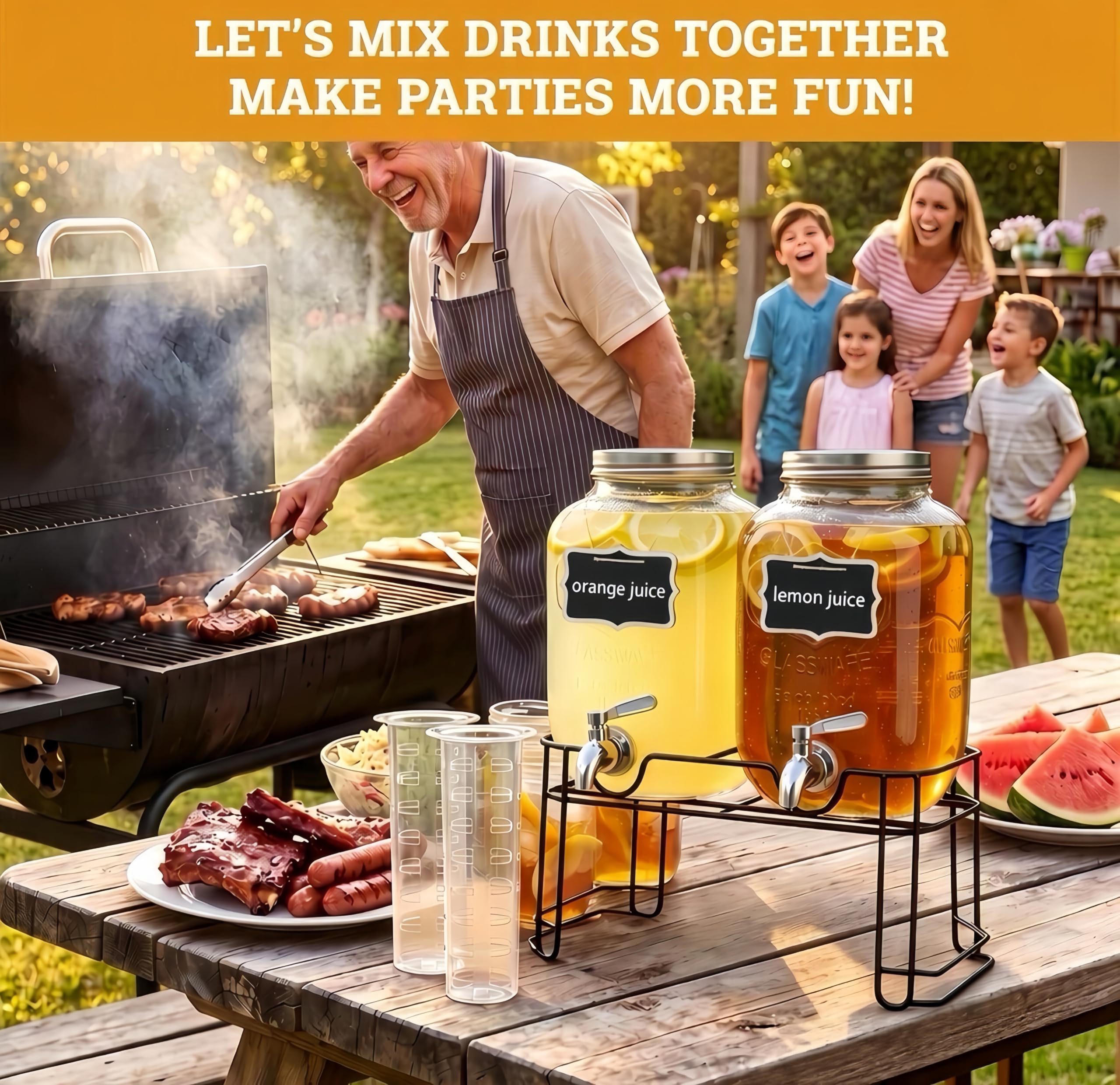 Lot de 2 distributeurs de boissons en verre de 4 L avec support, distributeur de boissons, distributeur de jus d'eau en verre avec robinet pour jus glacés, eau, boissons faites maison, fêtes