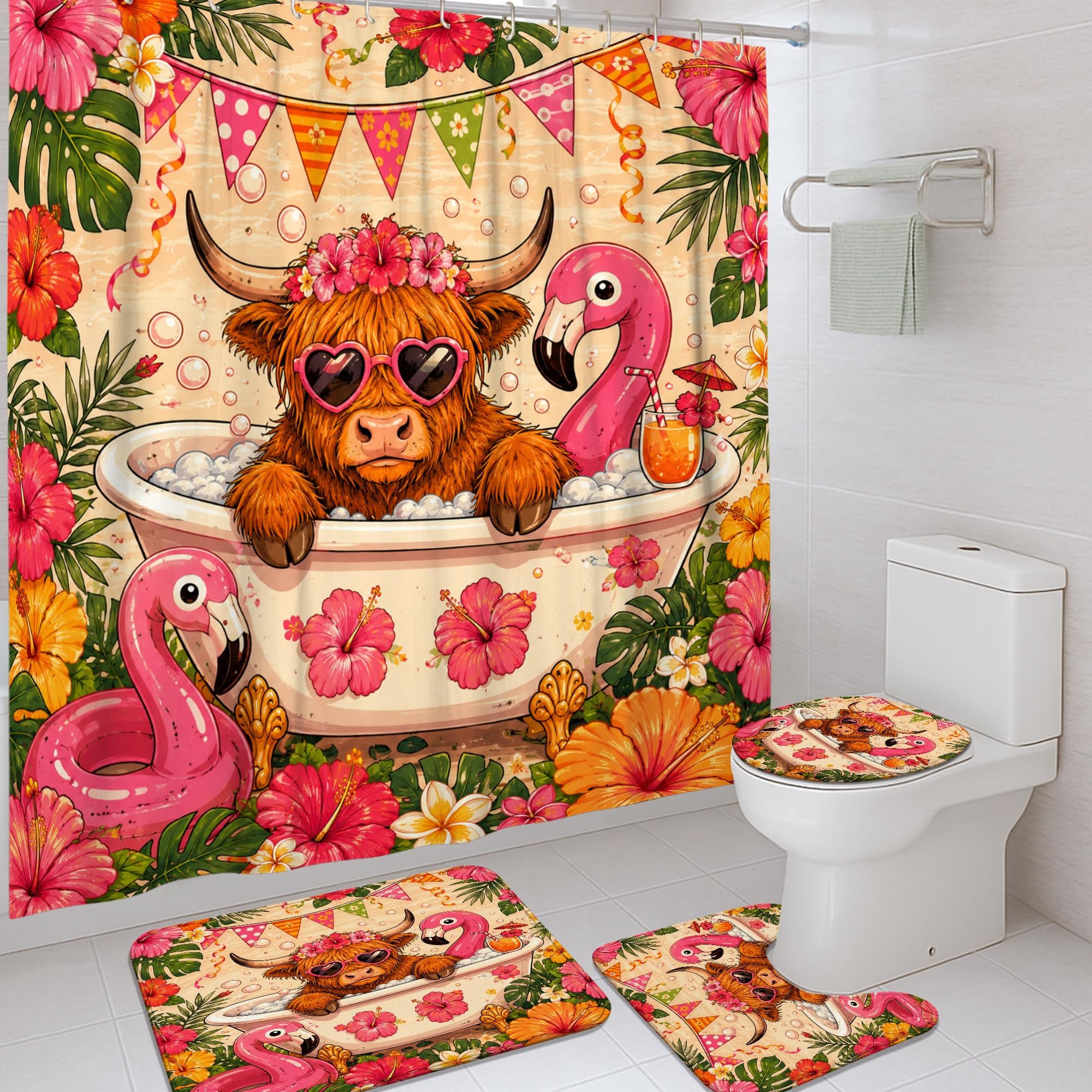 Rideau de douche en toile lavable 183x183 cm avec tapis et crochets