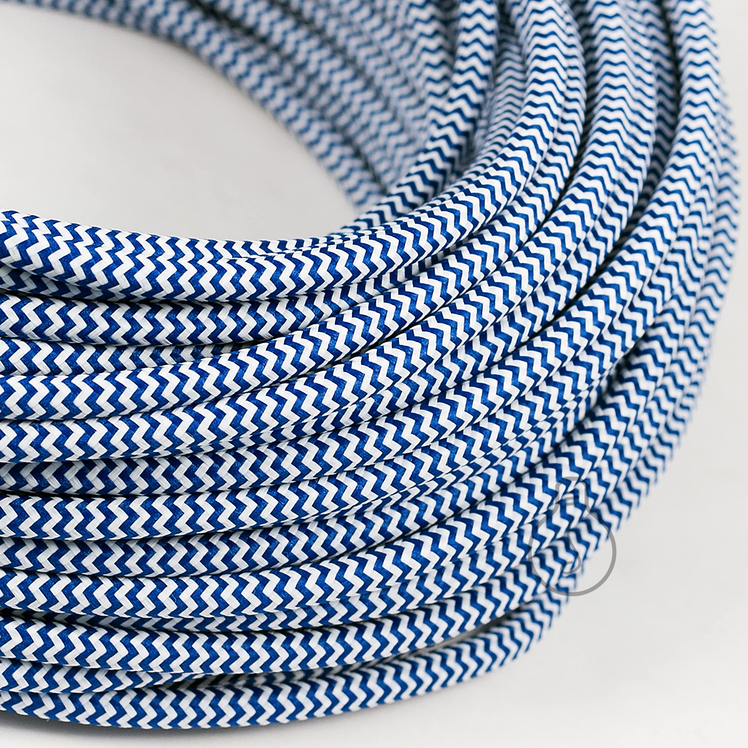 Amarcords - Câble électrique textile couleur ZIG-ZAG BLANC ET BLEU, rond, soie, 20 mètres, à 2 brins 2x0,75 - Fil vintage en tissu coloré, pour lampes, lustres, appliques et abat-jours.