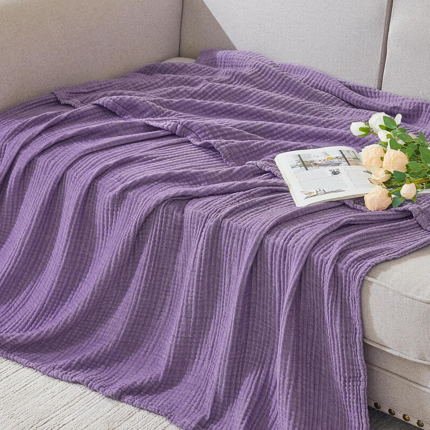 EMME Cotton Muslin King Blanket Bed Layering Breathable Gauze Blanket Soft Lightweight Blankets Adults (Purple, 108"x90") - Image 4