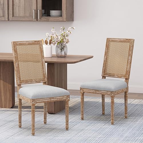 Miniatura 4 de Juego de 2 sillas de comedor, mesa y sillas de estilo rústico francés con marco de madera de caucho, asientos tapizados y respaldo de caña para
