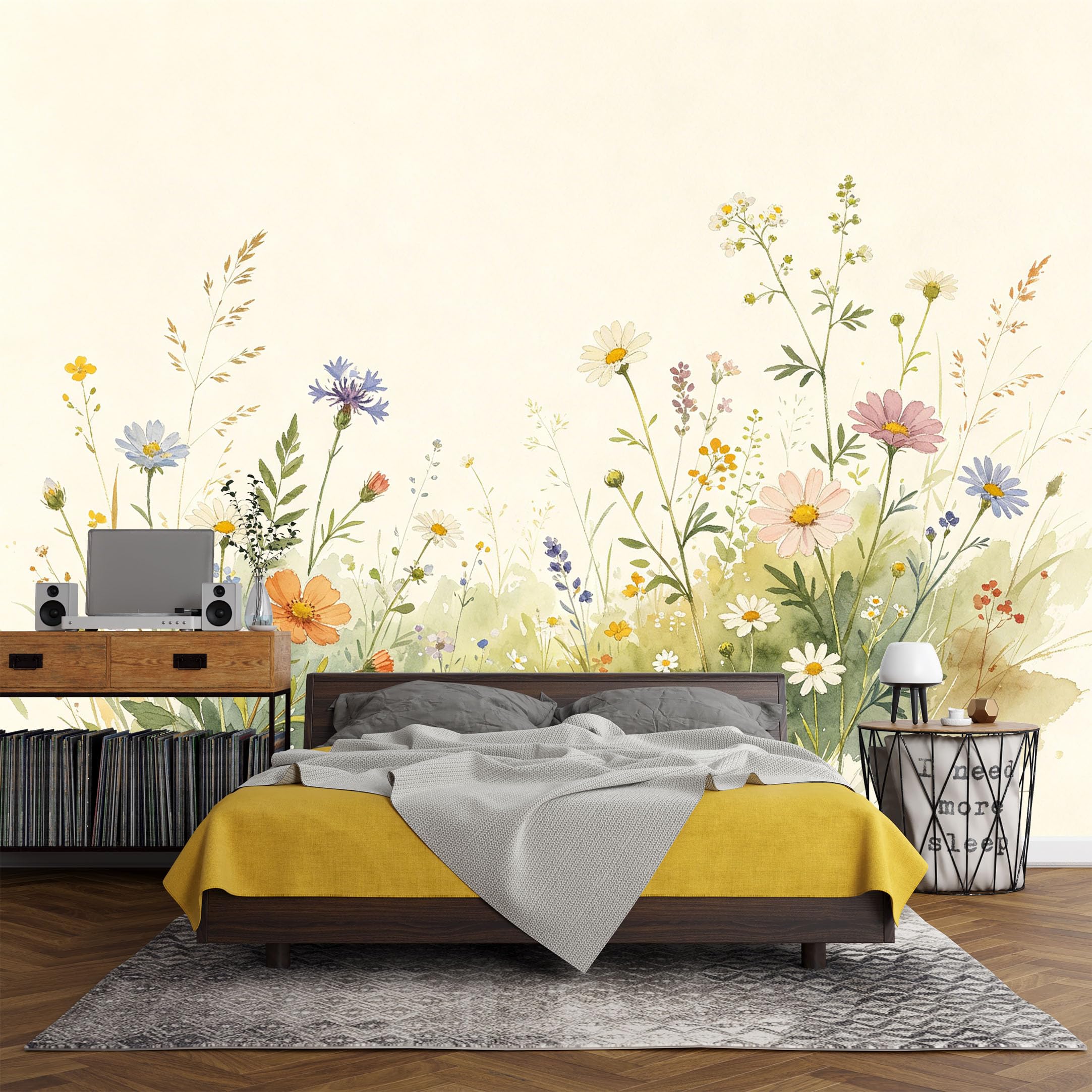Custom Size Wall Mural， Botanical Wildflower Meadow Watercolor Floral Field，SelfAdhesive Art Prints wall Fabric (No PVC) Removable Wallpaper Living Room Decor