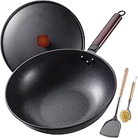 Teewe 13 Inch Pre-Seasoned Carbon Steel Wok with Lid, Silicone Spatula & Brush - Nonstick Flat Bottom for All Stoves