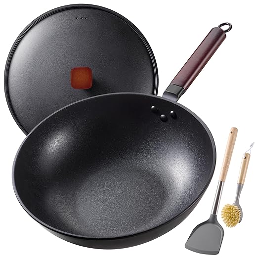 Carbon Steel Wok -13 Inch Woks & Stir-fry Pans Nonstick, Wok Pan with Lid Spatula and Dish Brush: Pre-Seasoned Flat Bottom Chinese Woks for Induction, Electric, Gas, All Stoves