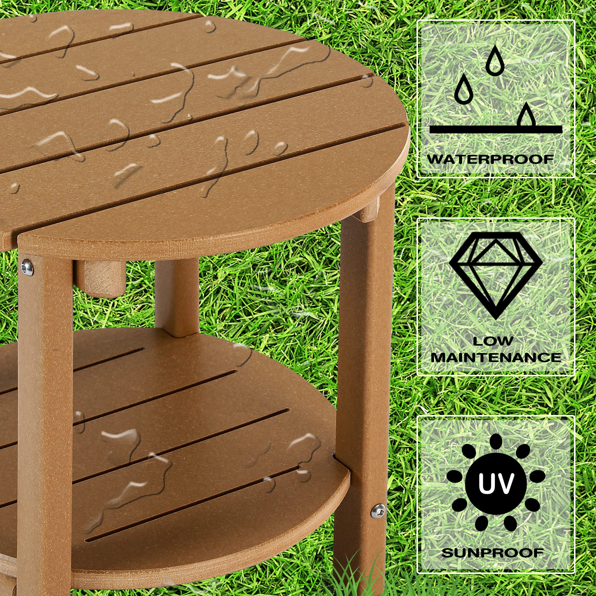 Adirondack - Mesa auxiliar redonda doble, para exteriores e interiores, mesa de fácil mantenimiento y resistente a la intemperie para piscina, patio y jardín trasero (teca) 3