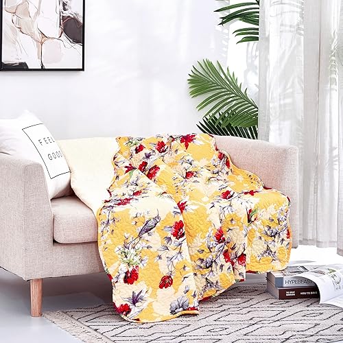 Miniatura 5 de DaDa Bedding - Edredón de regazo floral amarillo, manta acolchada, colibríes, flores rojas de granja para sofá, sofá o cama, bordes festoneados,