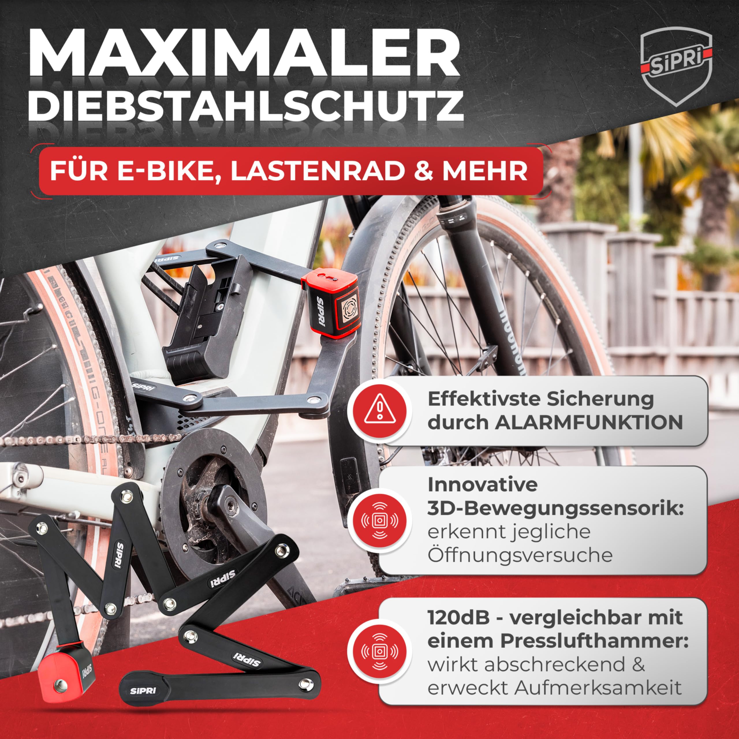 SIPRI® Faltschloss Fahrradschloss mit Alarm 120 dB | Faltbares Fahrradschloss hohe Sicherheit für E-Bike, E-Scooter & Motorrad | 8 mm Stahl, 116 cm, wetterfest, robustes Schloss mit Schlüssel