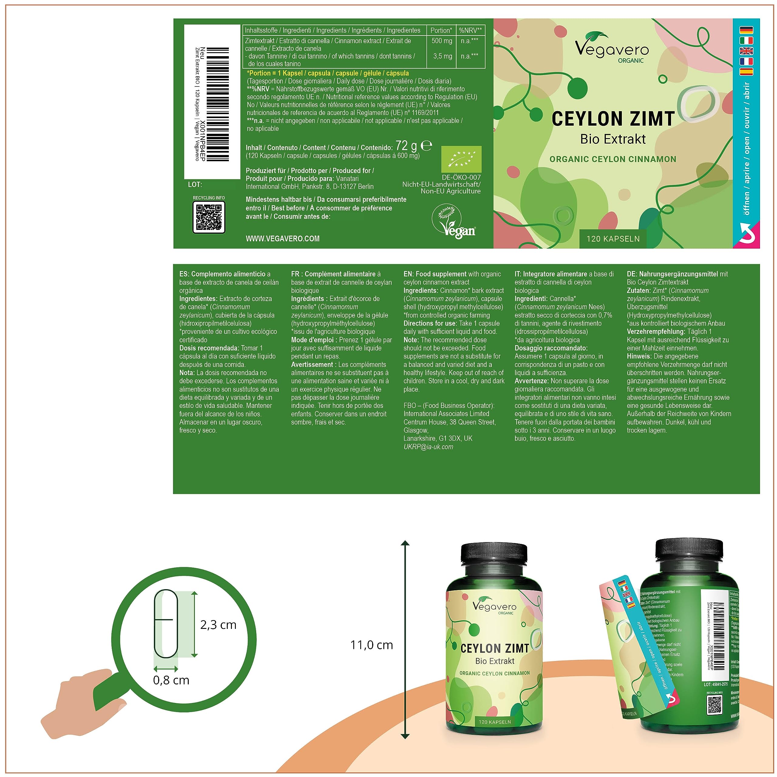 CANNELLA CEYLON BIO Vegavero® | 2500 mg (5:1) | 4 Mesi di Fornitura | Cinnamon (Zimt) dal Madagascar | con 0,7% di Tannini | Vegan