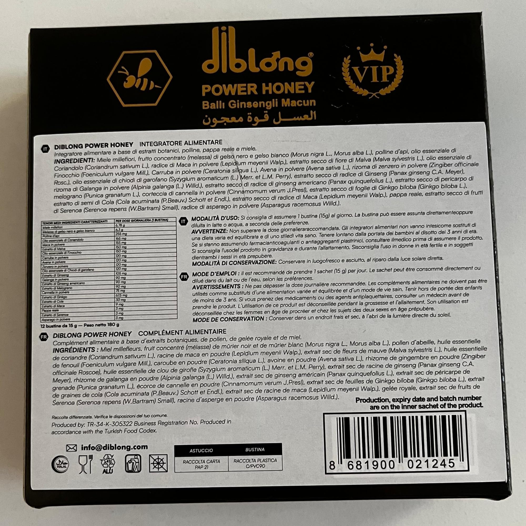 Diblong Miele con Erbe Naturali – Confezione da 12 Bustine da 15g – Miele con Ginseng, Maca e Pappa Reale – Prodotto in Turchia