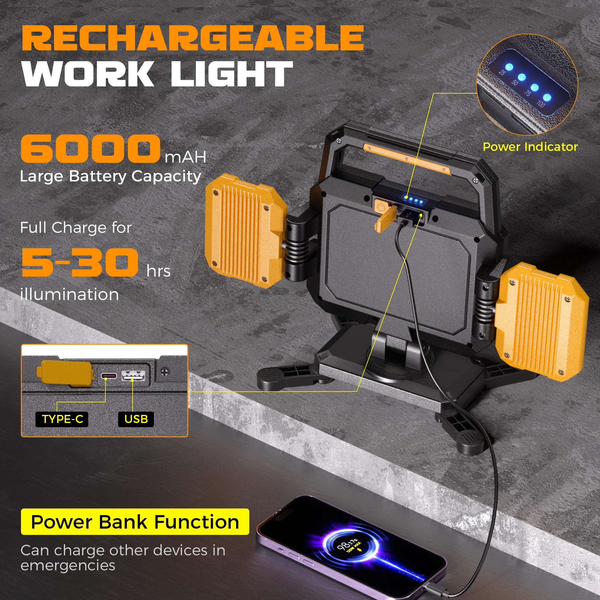 4000LM Rechargeable LED Work Light Magnetic Shop Lamp with Red