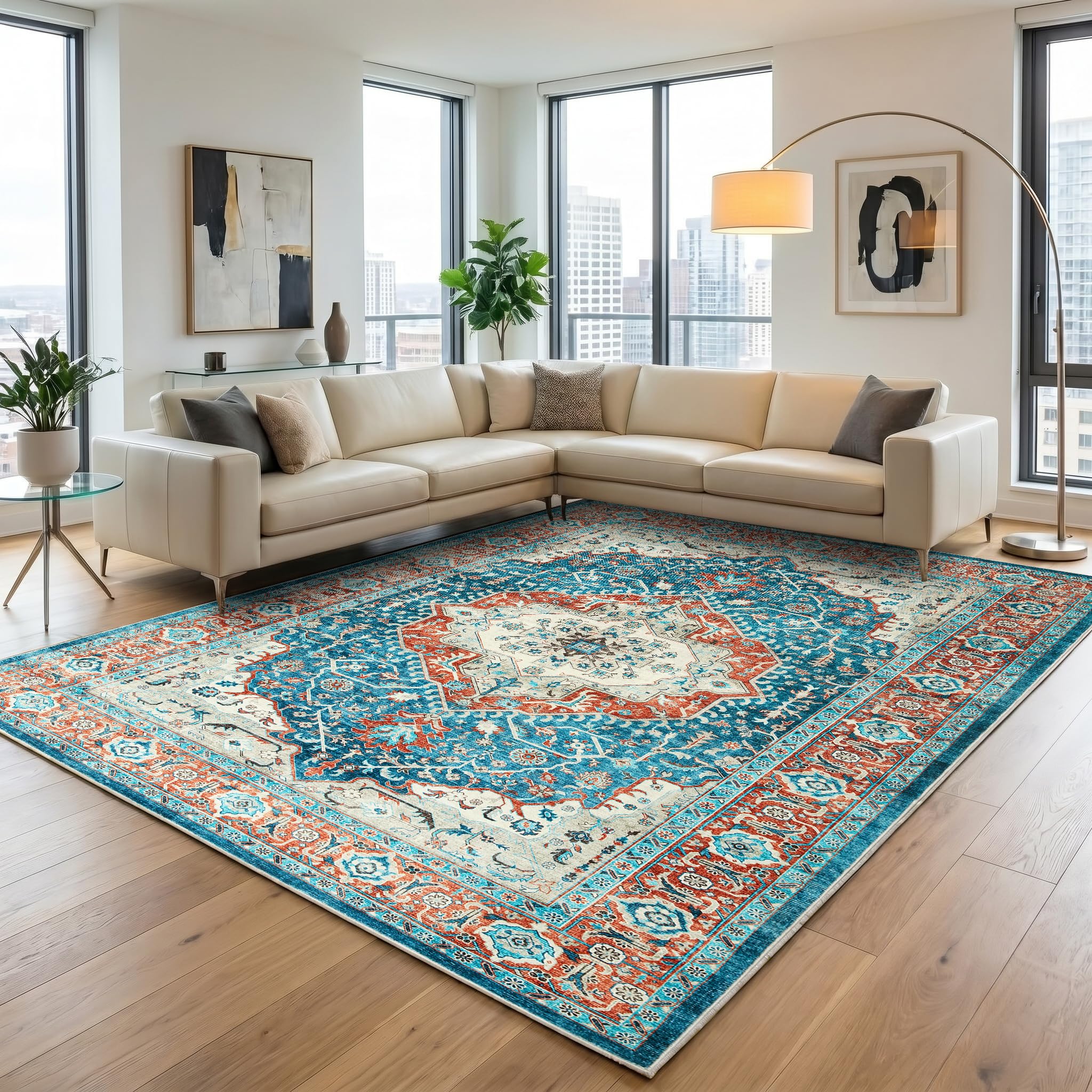 Aspire Homeware Machine Washable Orange Teal Rugs Living Room 120 x 170 cm Large Short Pile Area Rugs for Bedroom Dining Room, Non Slip Carpet for Kids Room Soft Vintage Design Boho Rug, Regal