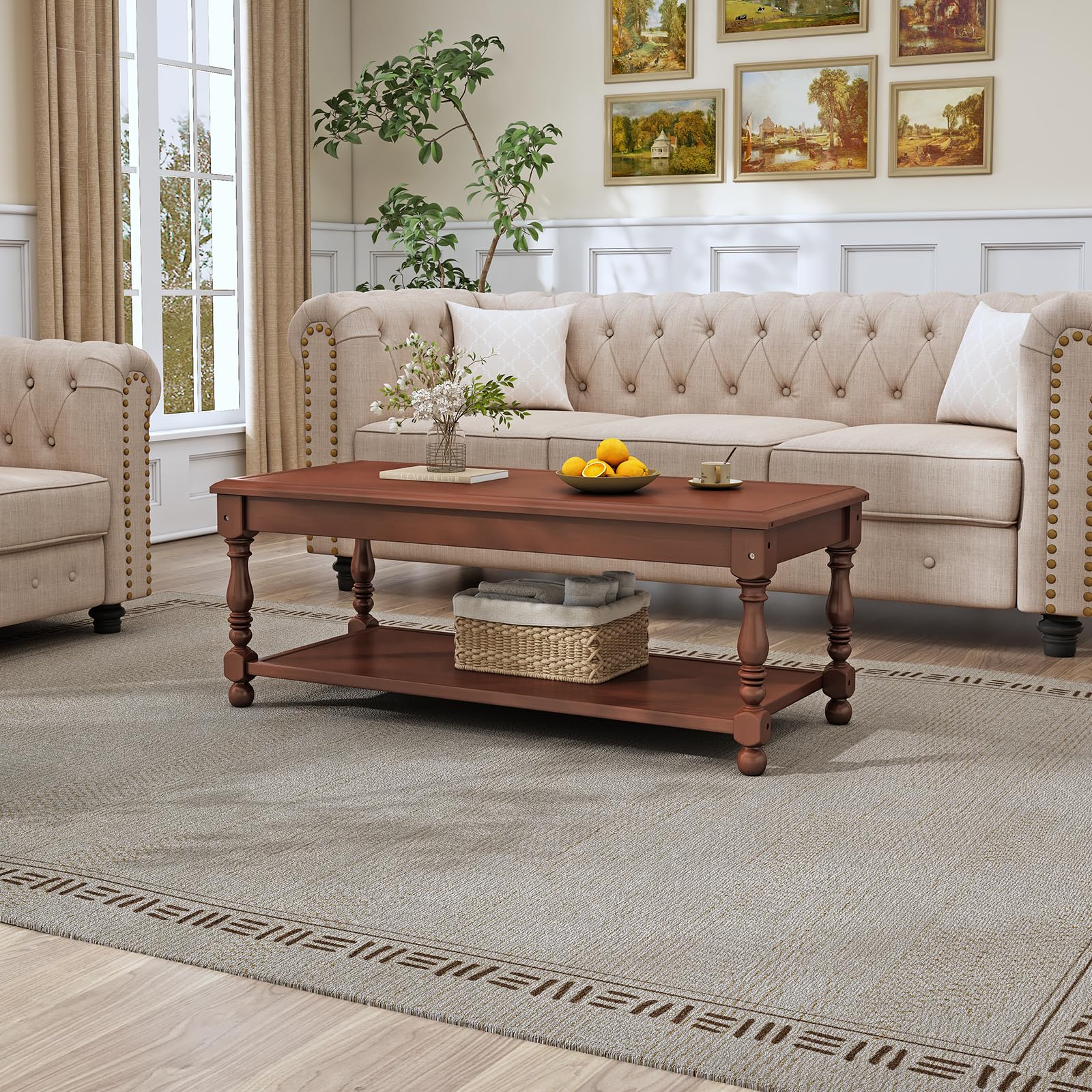 Rectangle Coffee Table,Soild Wood 2-Tier Center Table with Storage Shelf,for Living Room,Classical Legs,Easy Assembly,Dark Brown