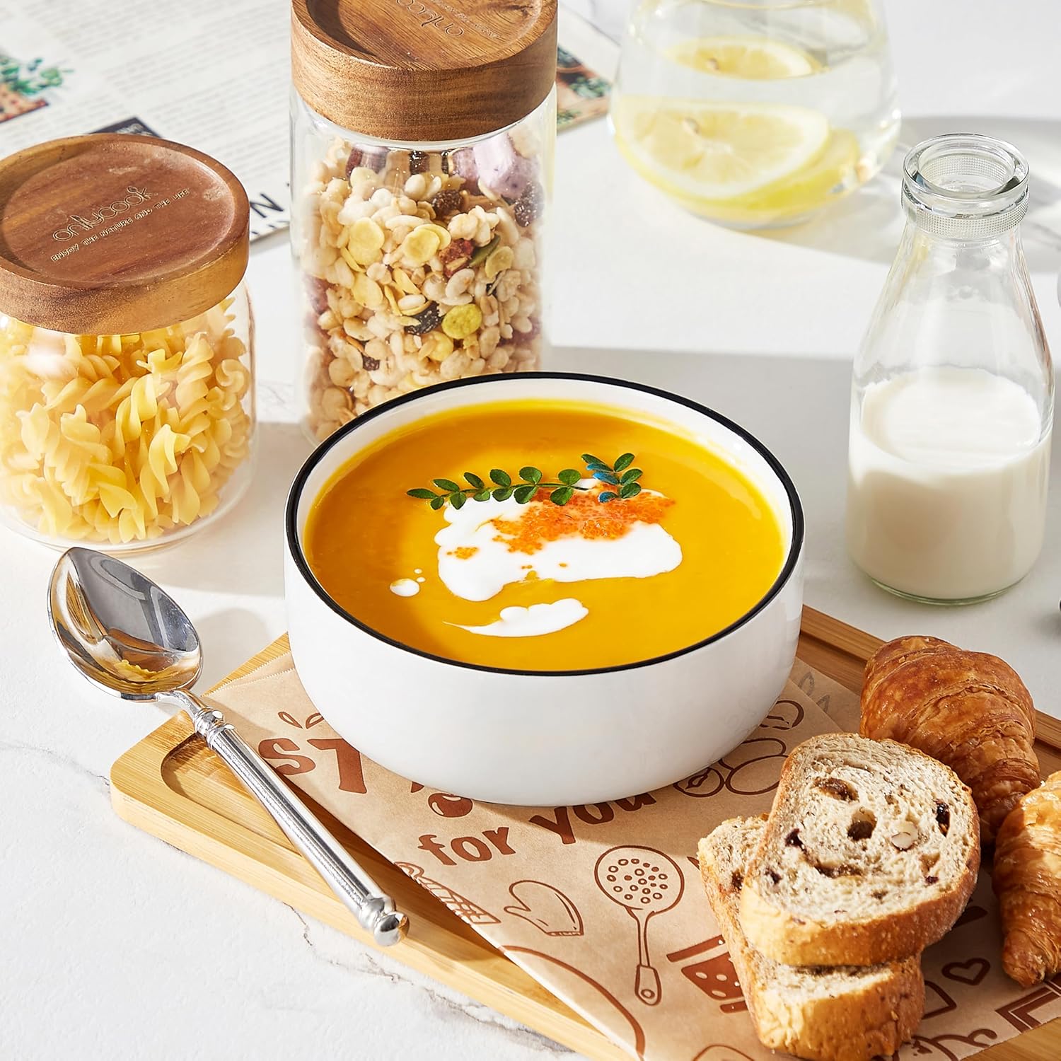 MALACASA 24 OZ Cereal Bowls, Porcelain Soup Oatmeal Bowls Set of 6, White Kitchen Ceramic Serving Bowl wtih Black Rim, Dishwasher Microwave Oven Safe, White, Series LUNA - Image 6