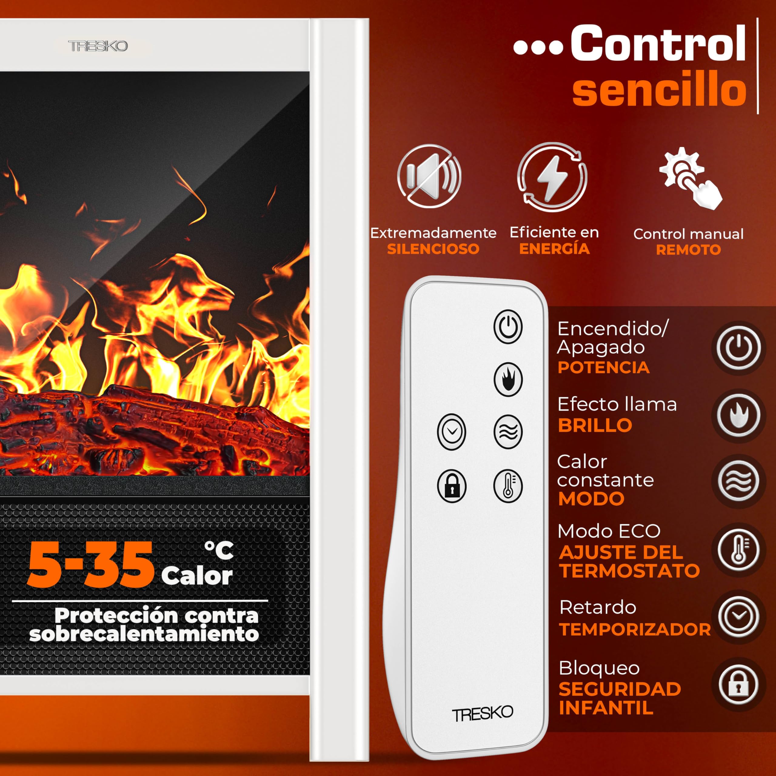 TRESKO Chimenea eléctrica 2000 W Smart Home WiFi Mando Estufa eléctrica Efecto Llama LED Pantalla LCD Termostato Calefacción ventilado