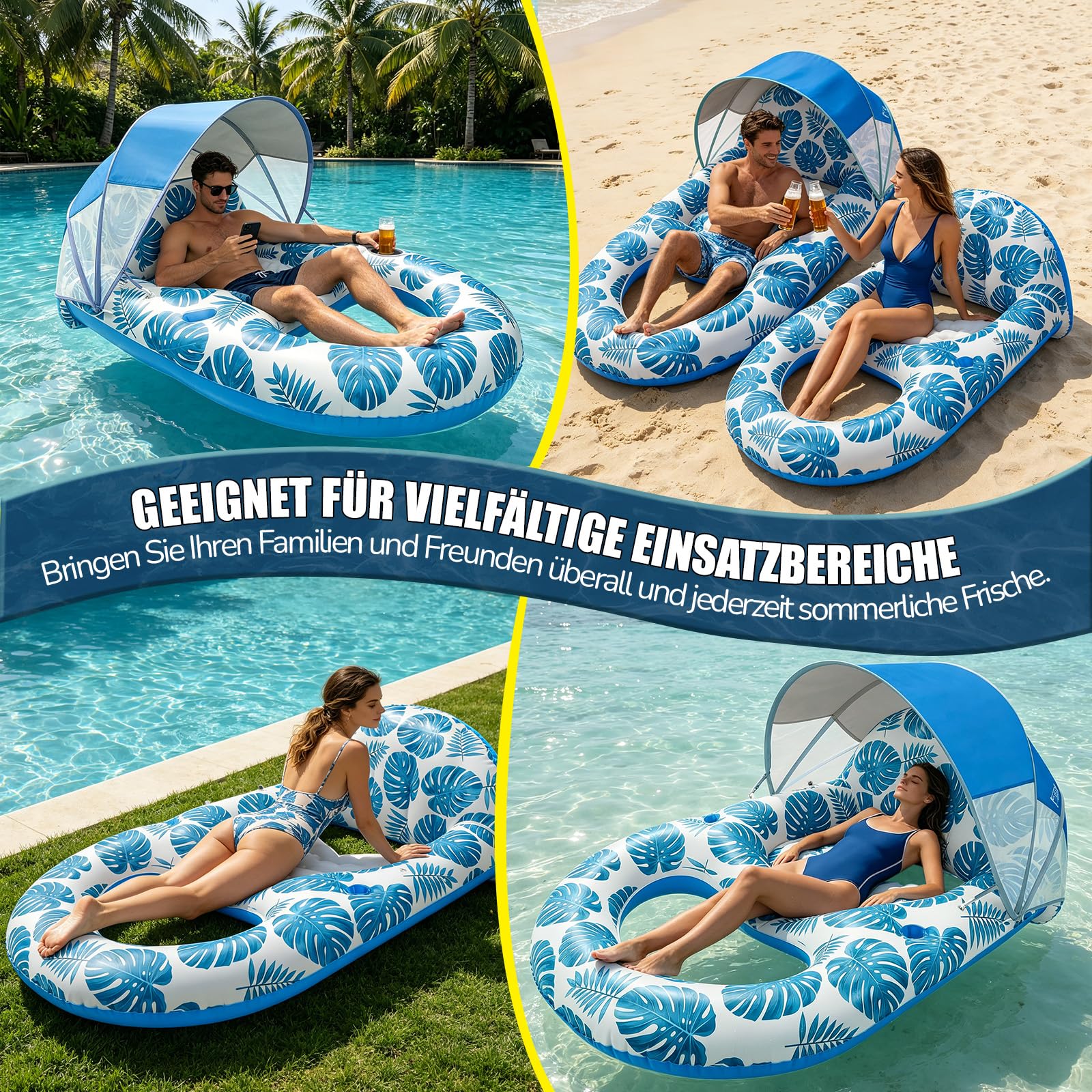 Luftmatratze Pool, Aufblasbares Sonnenpool Wasser Aufblasbarer Sessel Schwimmbad-Flöße Erwachsene mit Verstellbarem Sonnendach, Getränkehaltern und Fußstütze für SommerPool Strand