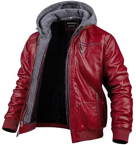 CREATMO US Men's Faux Leather Jacket Motorcycle Jacket Waterproof Windproof PU Moto Vintage Bomber Hoodie with Removable Hood - 4X-Large - Red