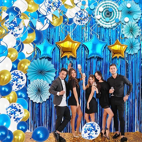 Miniatura 6 de KatchOn, Juego de decoración de fiesta azul – Paquete de 164 | Kit de arco de globos blanco, azul y dorado con confeti | Serpentinas azules | Globo