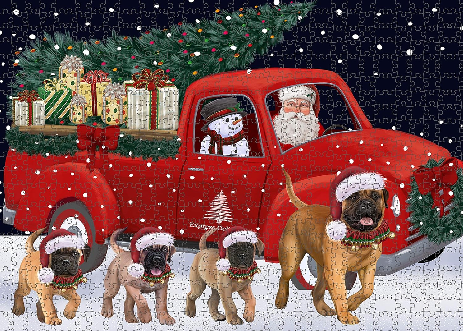 Christmas Express Delivery Red Truck Running Bulldogs - Interlocking Jigsaw Puzzle for Adults - Winter Scene Puzzles, Family Game Night Gift Basket Ideas, 1000 Pieces 20"x30" PZLE65359