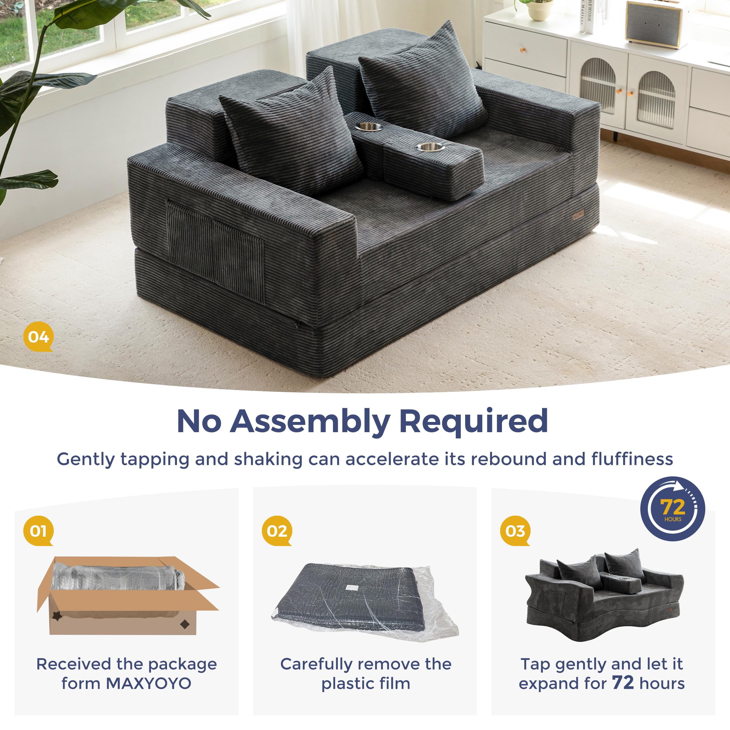 MAXYOYO Divano Letto Pieghevole, Sofa da Pavimento in Velluto a Coste, Divano Funzionale Trasformabile con Portabicchieri e Cuscino, Sofa a Compressione per Soggiorno, Camera da Letto e degli Ospiti