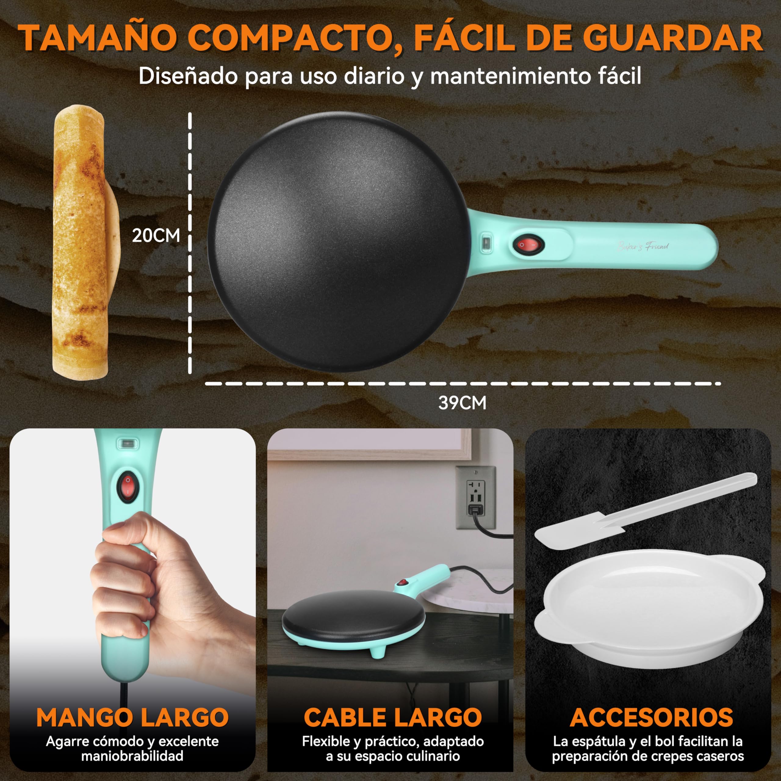 Baker's Friend Fabricante Instantáneo de Crêpes con Mango, Máquina de Crêpes Eléctrica, Crêperia Eléctrica, Superficie Calentada de 20 cm de Diámetro, Aqua