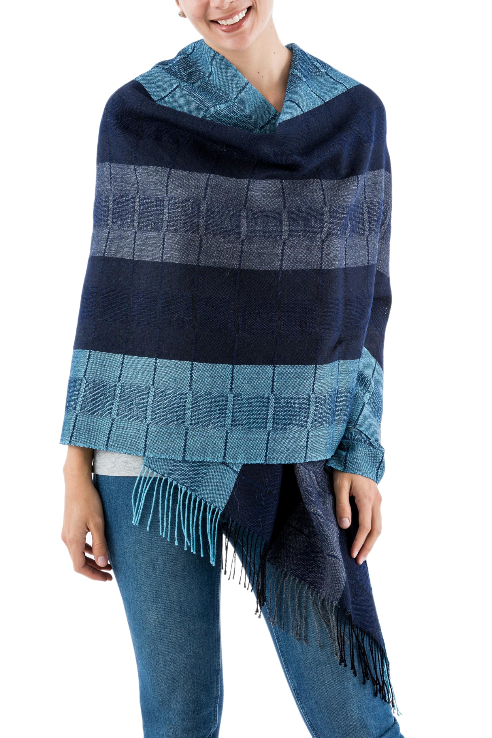 NOVICA Artisan Crafted Handmade Peruvian Alpaca Shawl | Wool Patterned Accessories Shawls | Warm Cozy | Rich Blue Spectrum | Fine Soft Fleece |