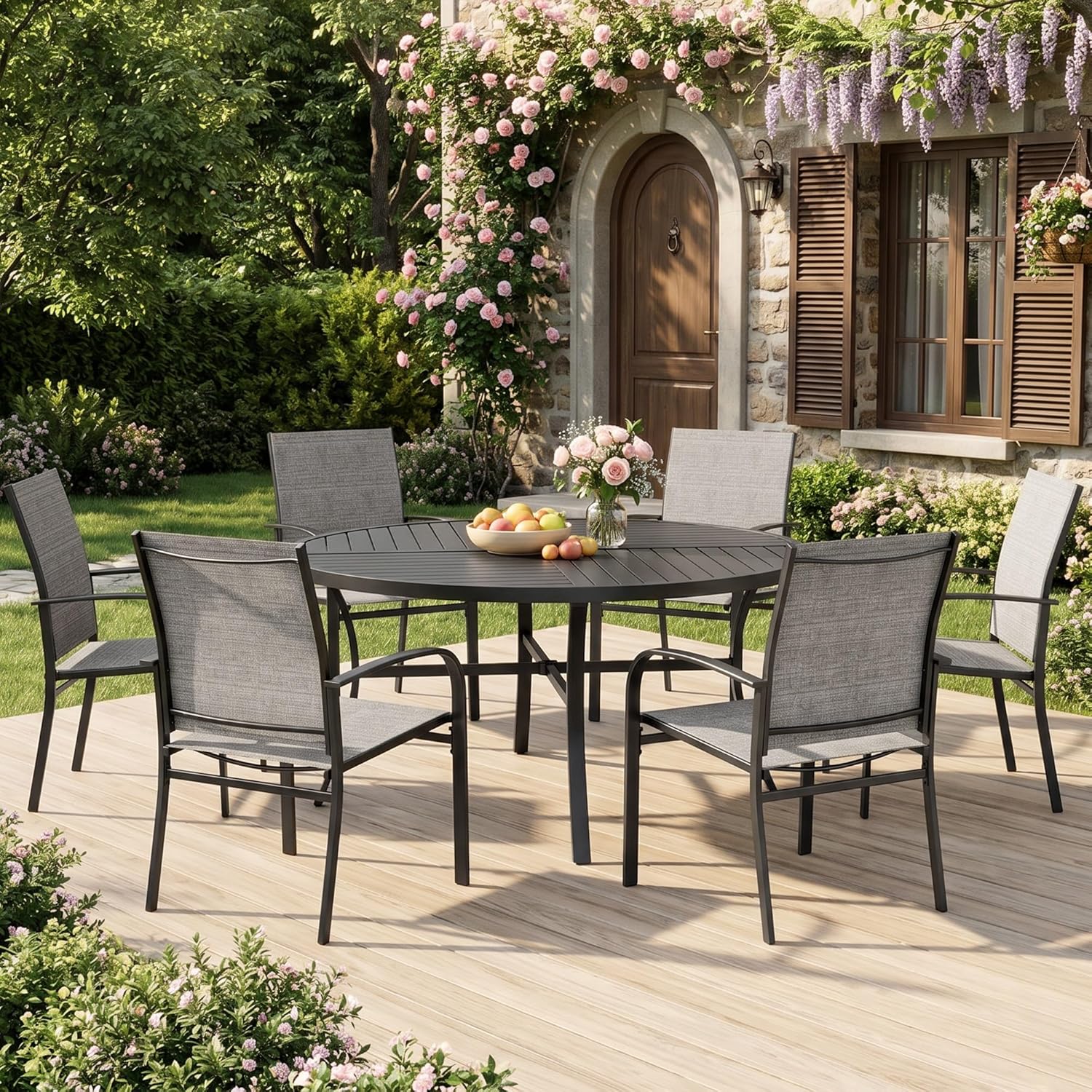 MIXPATIO 7 Pieces Outdoor Table and Chairs, Patio Dining Set for 6 Includes 54" Round Outdoor Table and 6 Patio Chair Set, Outdoor Dining Furniture Set for Lawn Backyard Deck, Brown