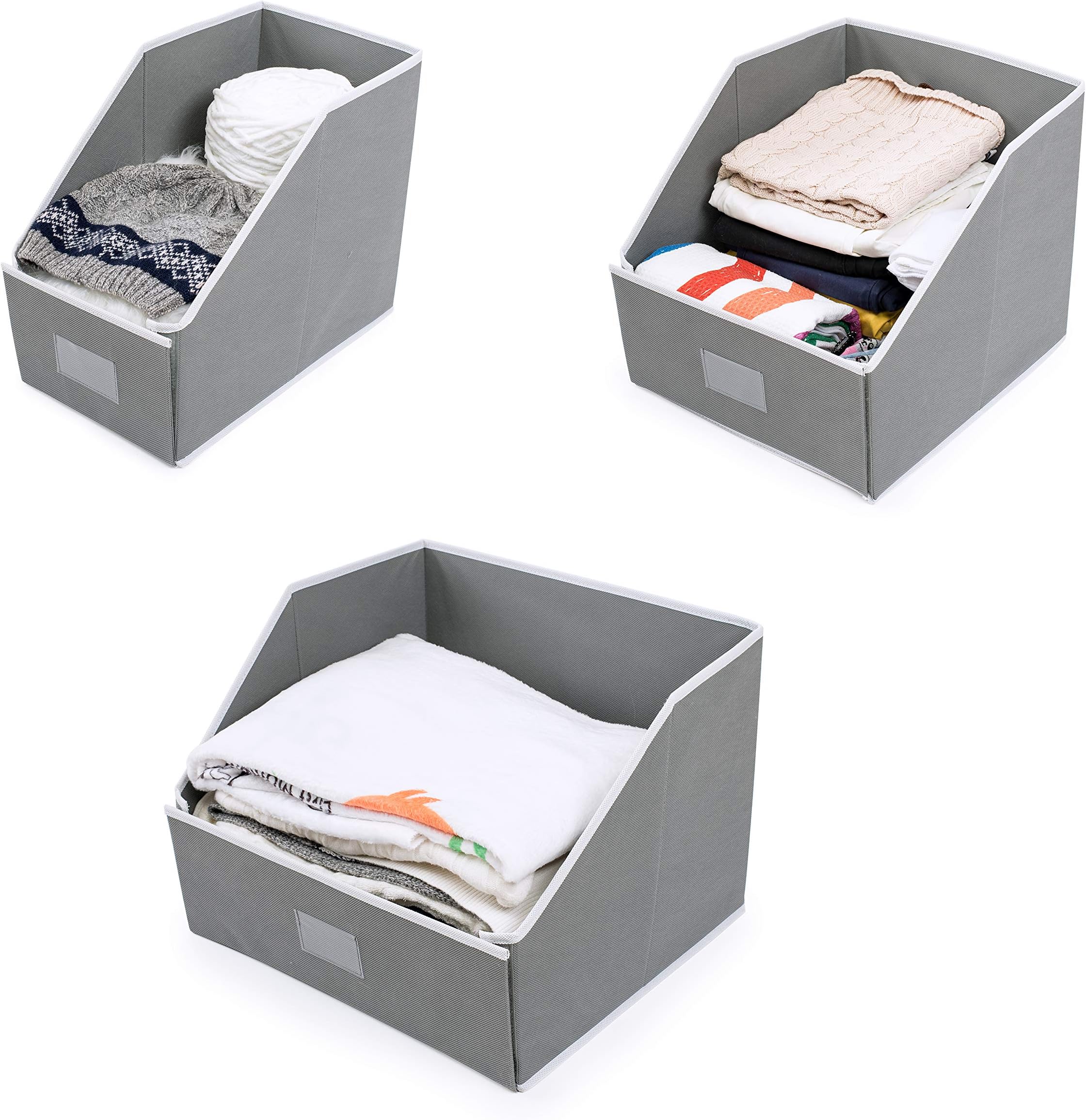 Woffit Linen Closet Storage Organizers – Set of 3 Foldable Baskets to Organize Your Sheets, Towels, Washclothes, Blankets, Clothing, Sweaters, Etc – 100% Organic Fabric Bins