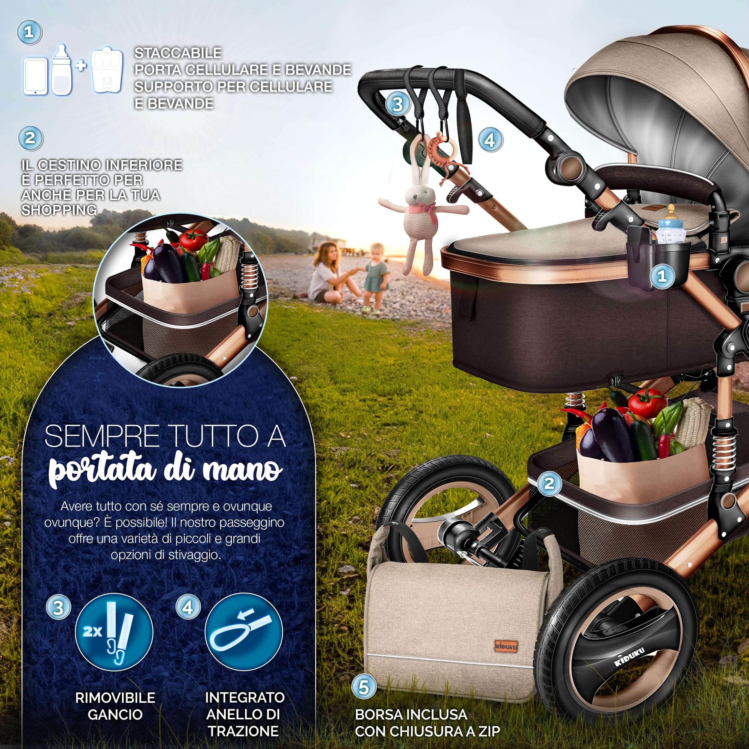 KIDUKU 3 in 1 Passeggino Completo Trio Sistema Combinato con Navicella Ovetto Seggiolino Auto Coprigambe ECE R129