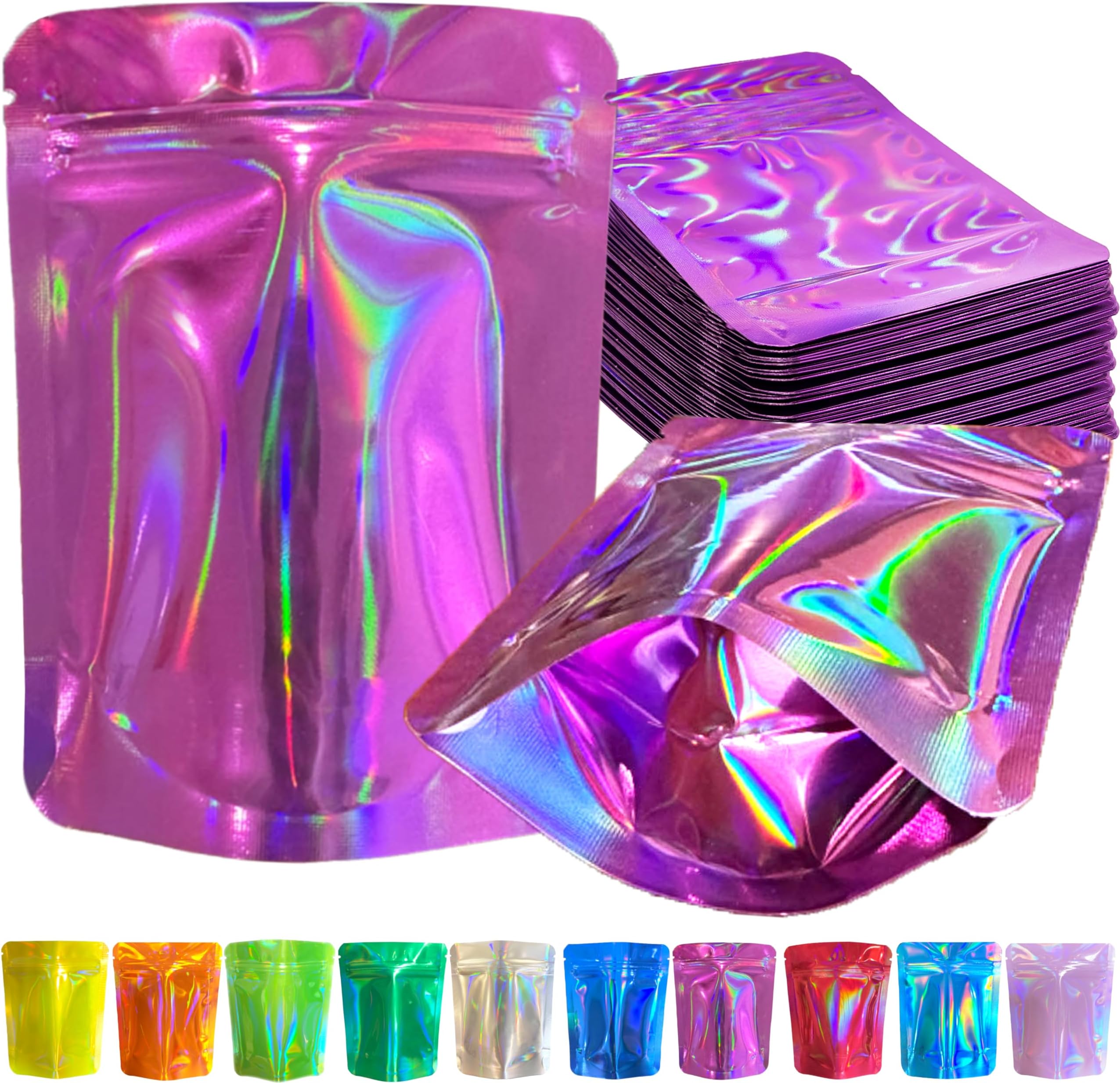 100 Pack Premium Smell Proof Mylar Bags, Resealable Food Storage Bags with Double-sided Holographic Printing, 4" x 6" Aluminum Foil Stand-up Packaging Bags.. (Purple)