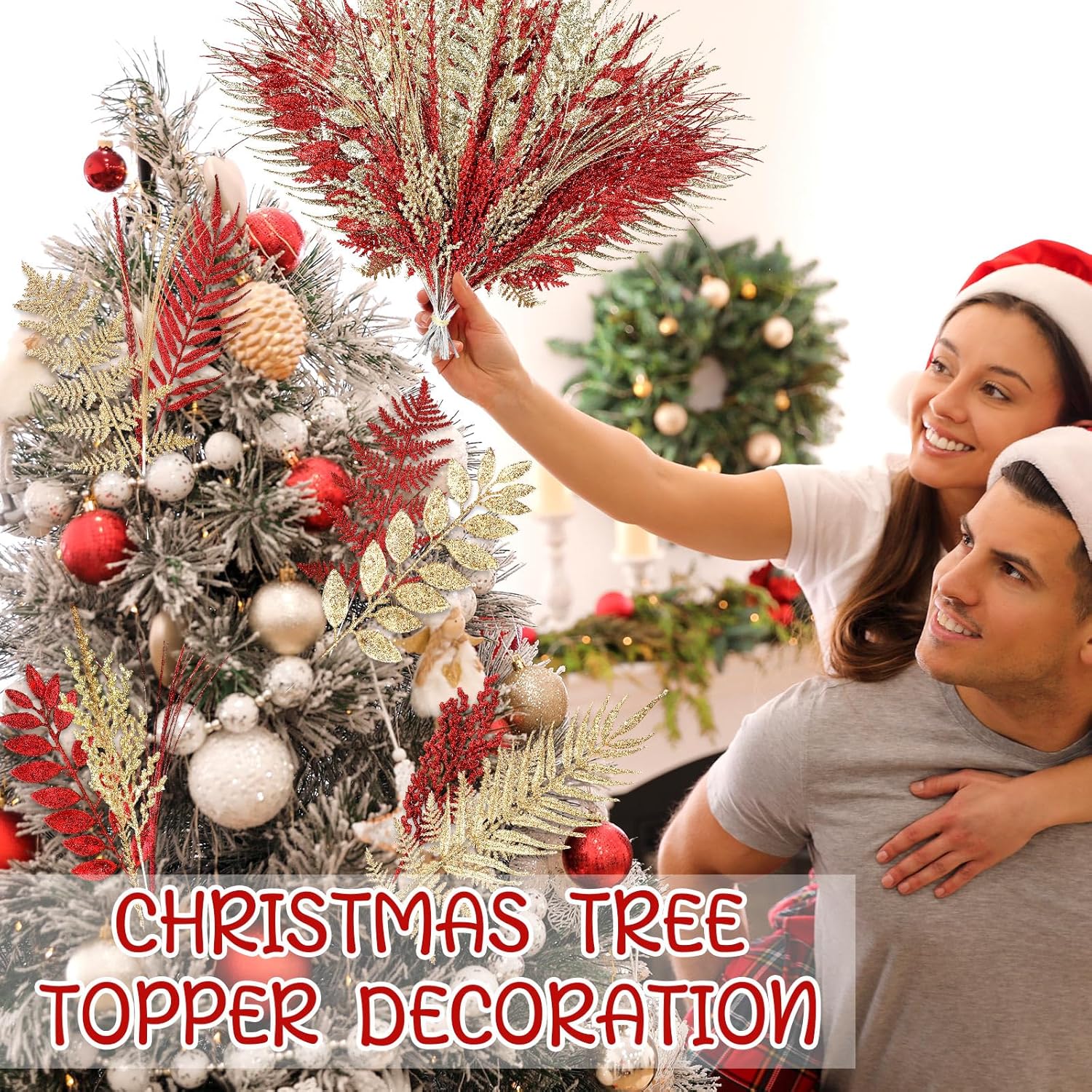 50 Pcs Red and Gold Christmas Tree Picks and Sprays Xmas Tree Topper Glitter Pine Twigs Faux Glittery Branch Stems for Christmas Vase Wreath Decoration DIY Craft Supplies