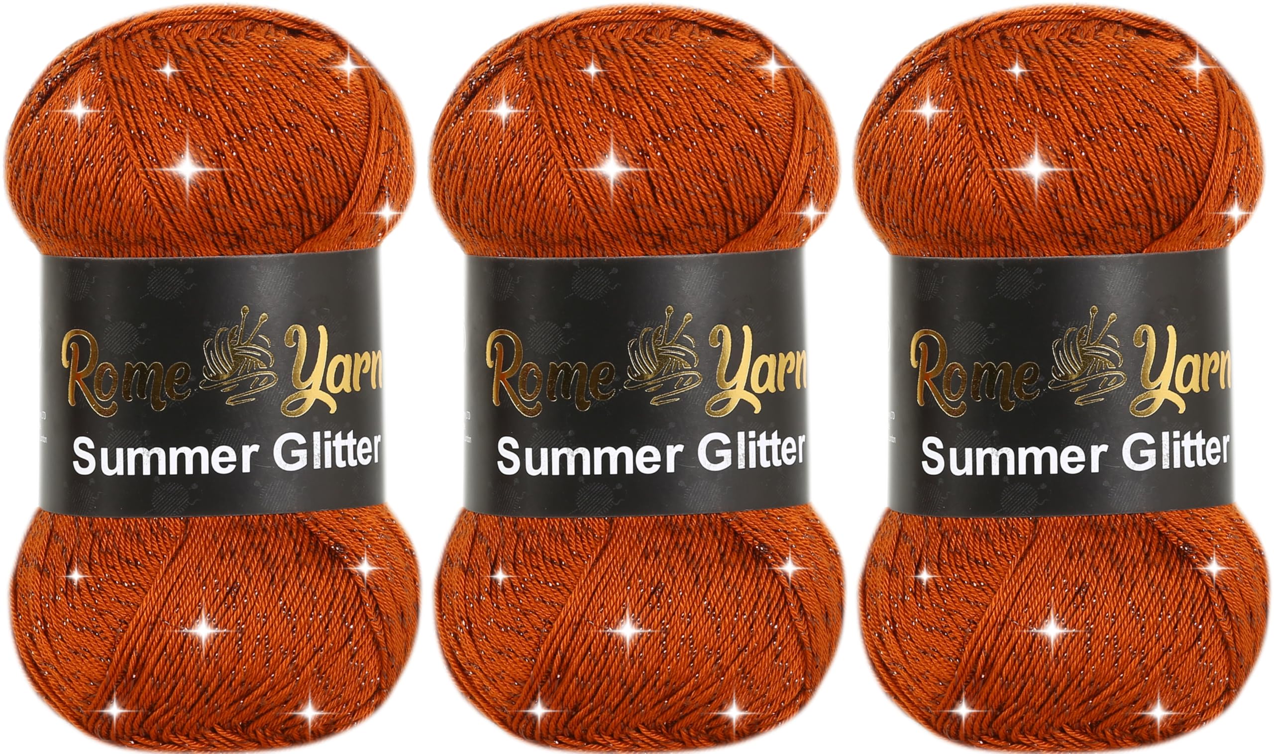 Summer Glitter Yarn 3 Pack (3 x 100g) | Metallic Sparkle Lace Yarn | Soft Anti-Pilling Acrylic Microfiber | Fine Yarn #2 | Silky Satin Texture | 340m Each for Knitting & Crochet (834 Copper) โ image 1