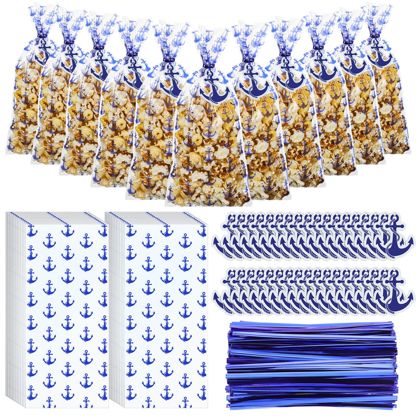 Gueevin 150 Set Nautical Anchor Cellophane Treat Bags Bulk Goodie Candy Cookie Cello Bags with Twist Ties Gift Cards Party Favors for Party Supplies