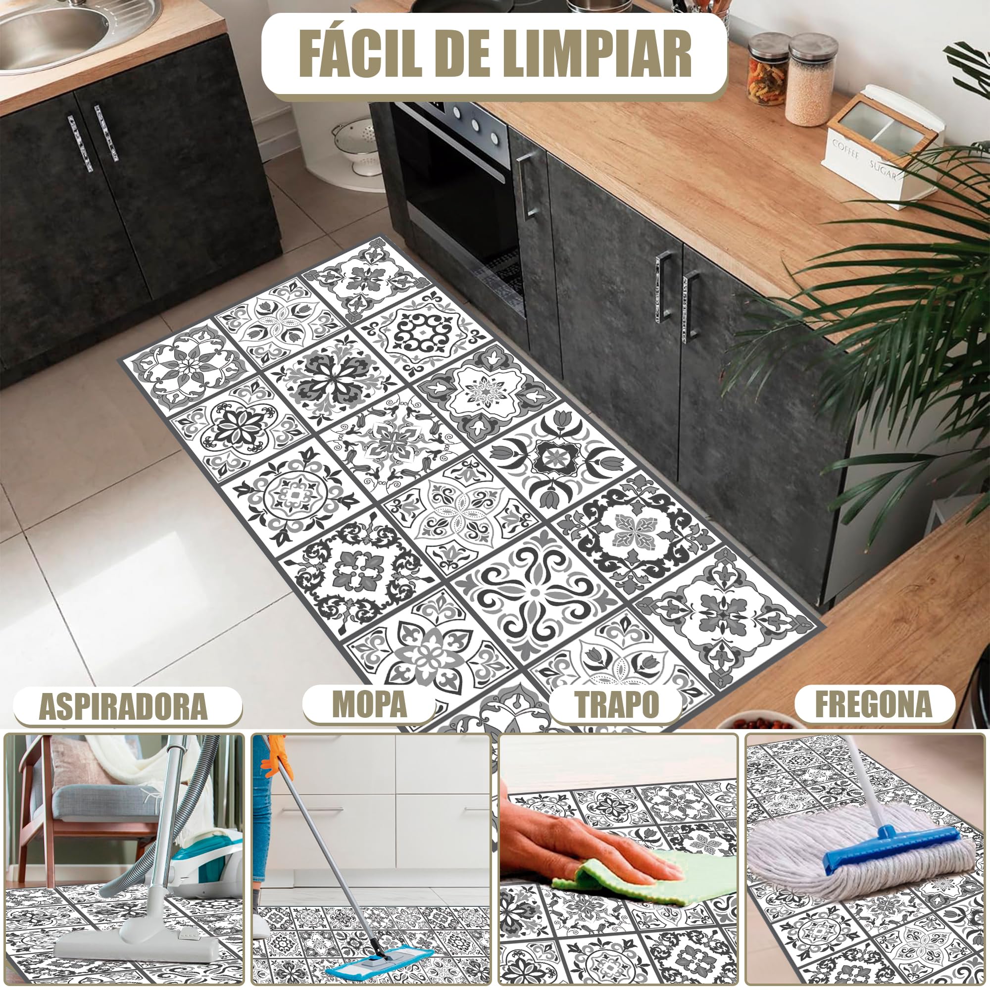 Alfombras Vinilicas Hogar 300 x 200 Negra/Gris - Alfombra Vinilica Cocina Resistente y Antitropiezos - Alfombra Cocina Lavable Antideslizante para Interior/Exterior - Alfombras de Vinilo Esponjosas