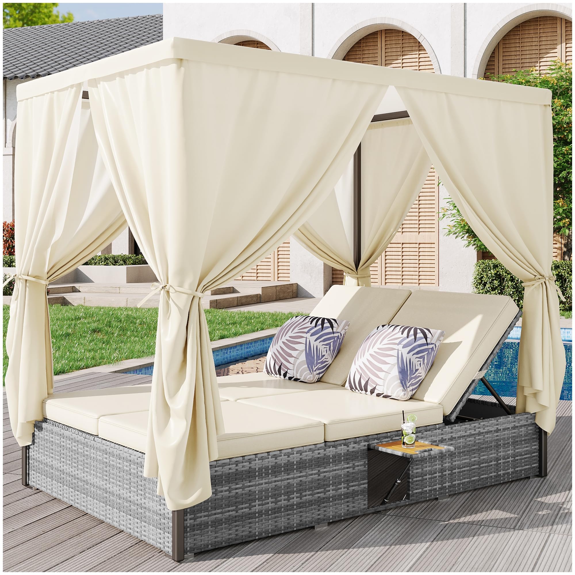 Tumbona de jardín de matrimonio, 187 x 128 x 186 cm, con parasol y cojines con mesa plegable, tumbona de ratán de ángulo ajustable, muebles de salón, terraza y jardín para exteriores