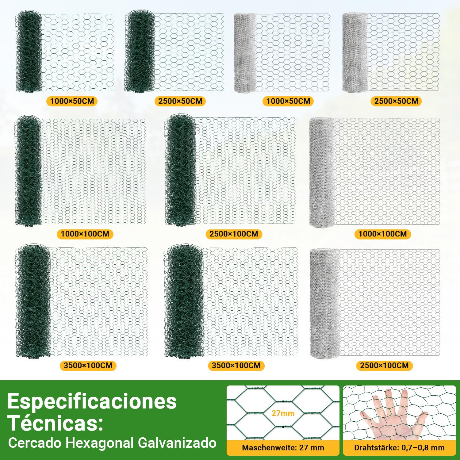 Daromigo Valla de malla hexagonal galvanizada de 27 mm – Alambre para conejos, valla para pollos para jardín y animales, incluye guantes, resistente, malla fina, longitud 35 m, altura 100 cm, color