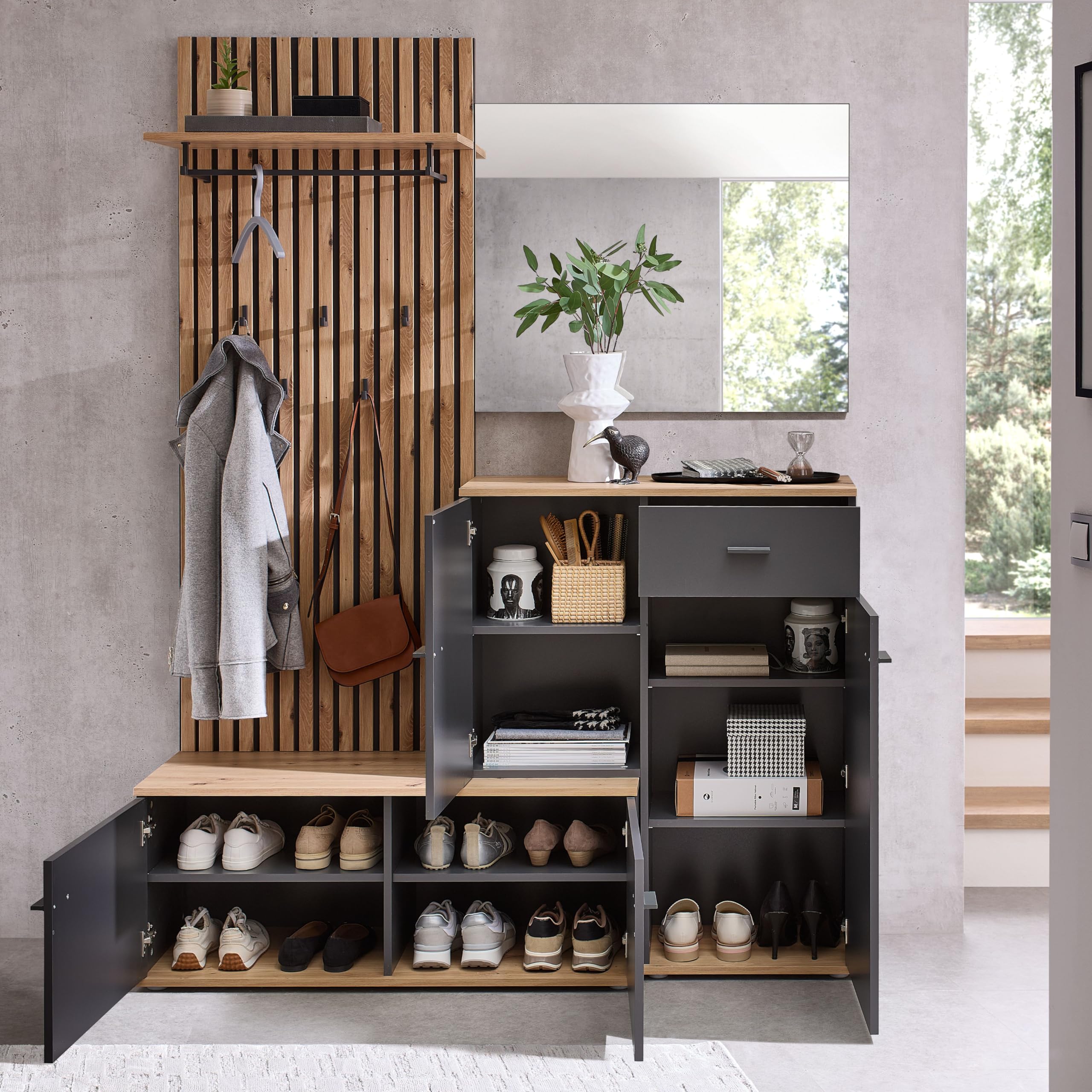 Fynn Flurgarderoben Set Anthrazit Artisan Eiche Optik Kompaktgarderobe mit Spiegel 148 x 199 x 38 cm