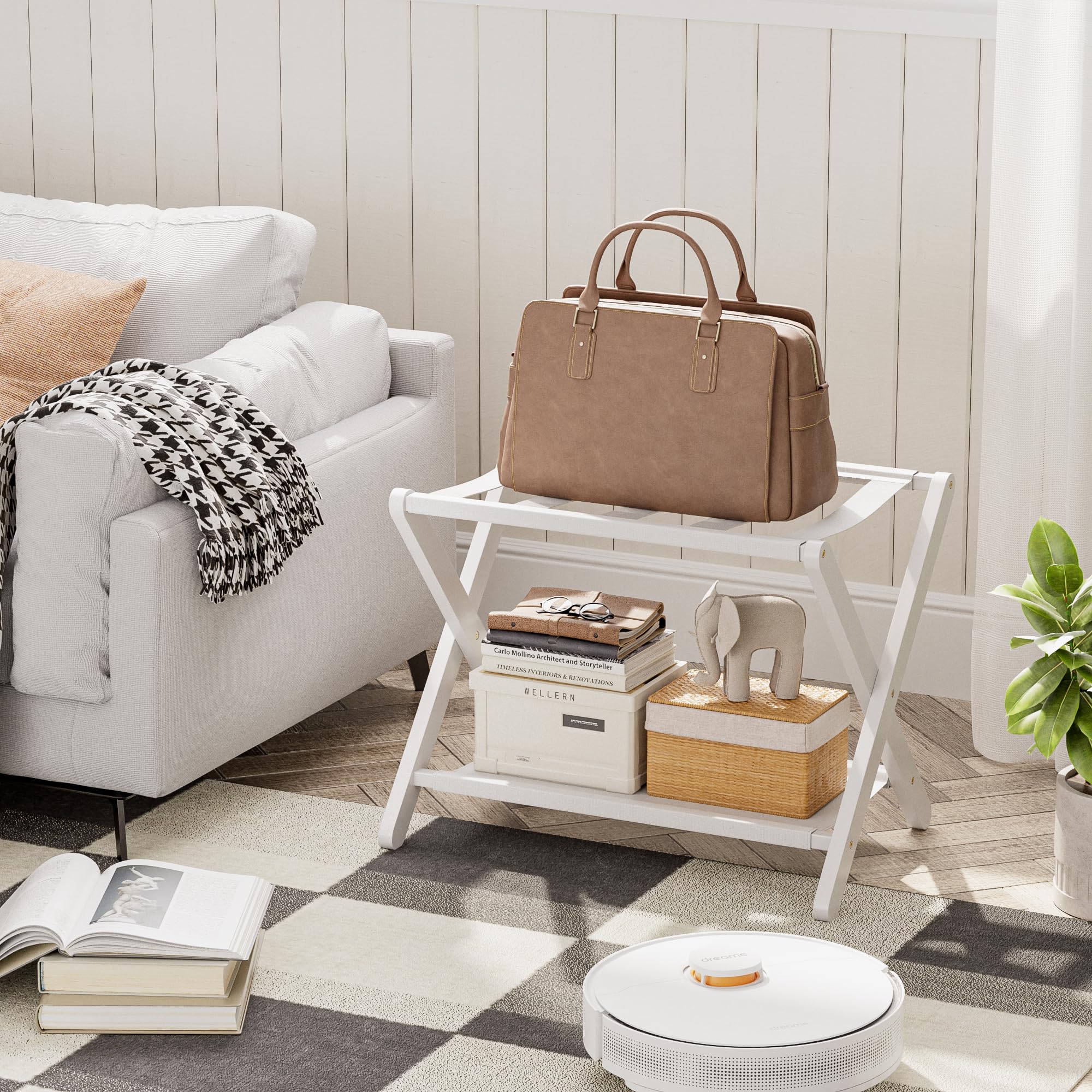 Portaequipajes, Juego de 2, Soporte plegable para maletas con estante de almacenamiento, Portaequipajes de bambú premium para habitación de invitados, hotel, Soporta hasta 61 kg (Blanco)