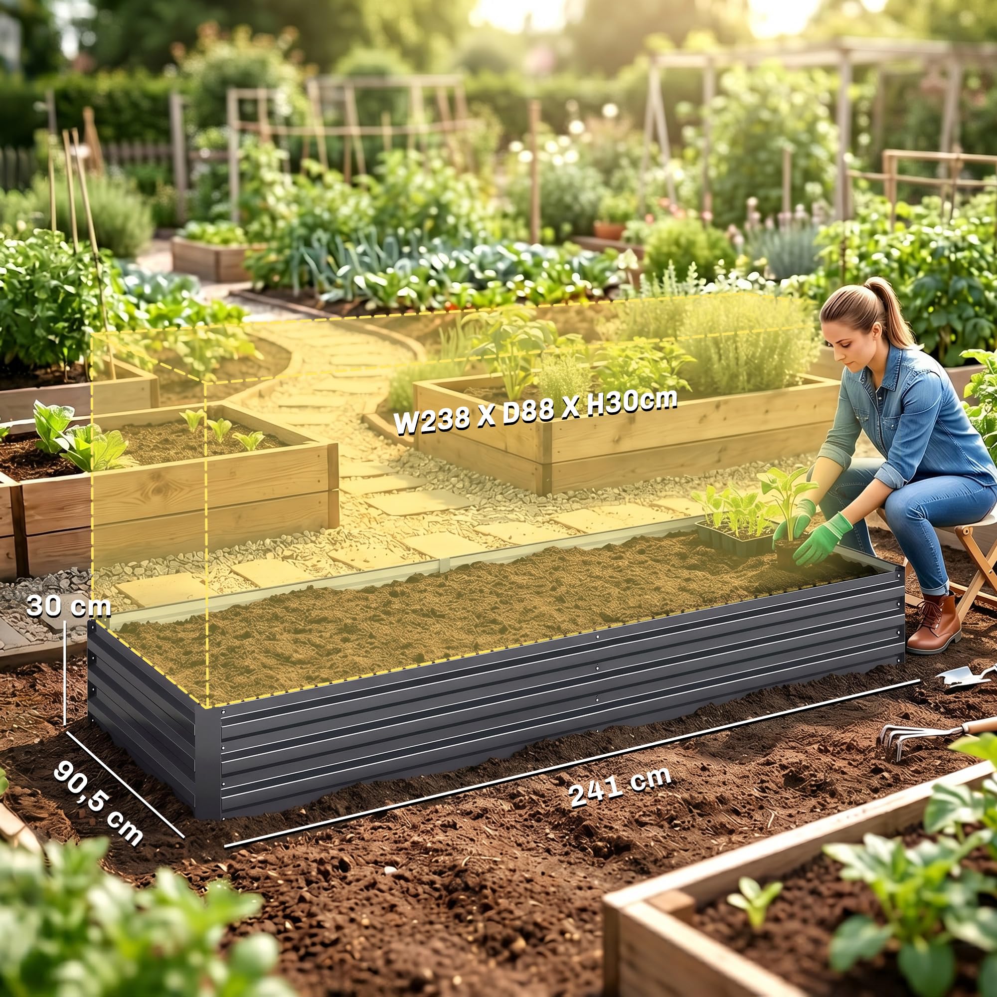 Outsunny Jardinera Exterior Grande Acero Galvanizado 241x90,5x30 cm Gris | Huerto Urbano Exterior, Macetero Grande Exterior con Base Abierta, Resistente a la Intemperie