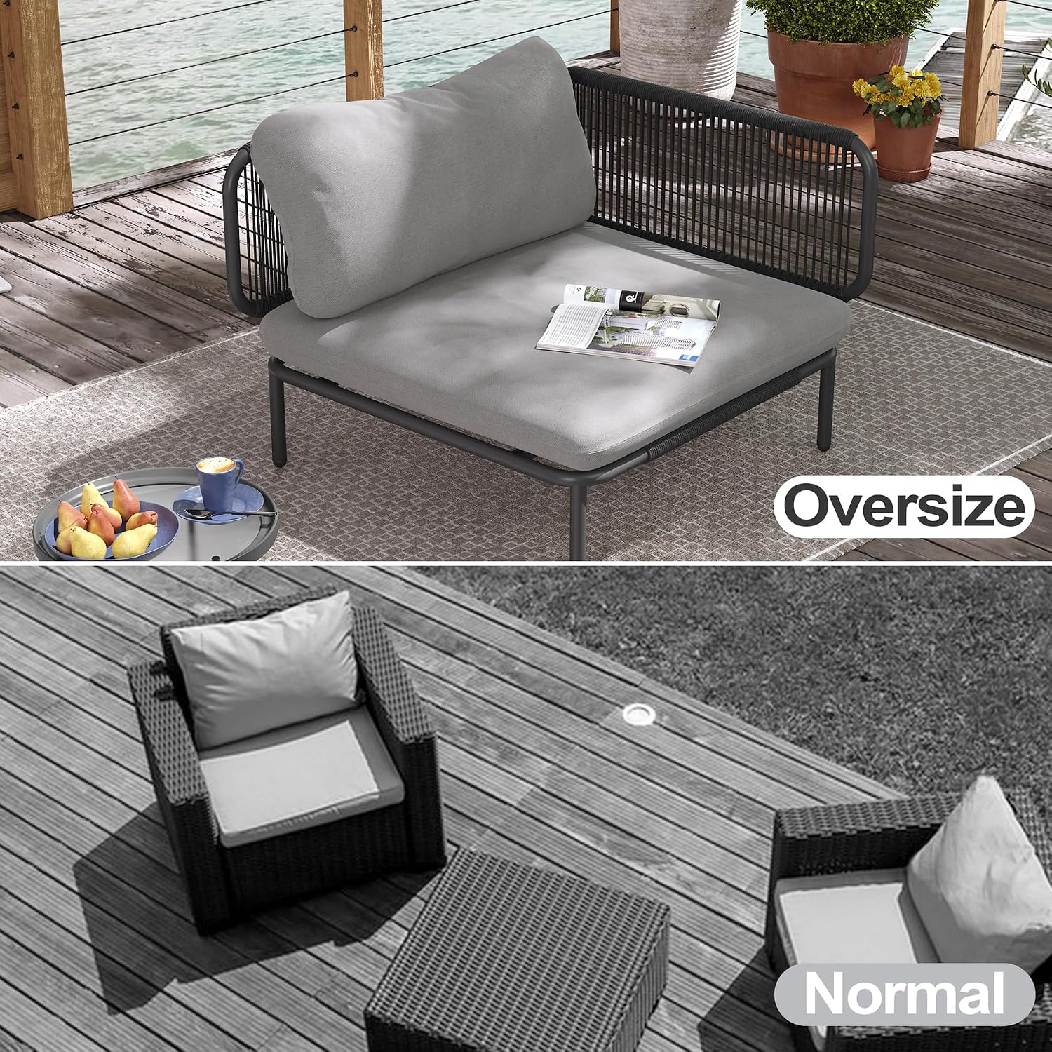 Patio Furniture Set, Outdoor Patio Furniture Oversized Metal Patio Sectional Sofa, 2-Seat Conversation Set with Cushion for Indoor and Outdoor, Black Frame & Dark Grey Mat (2 Seats 4 Armrests)