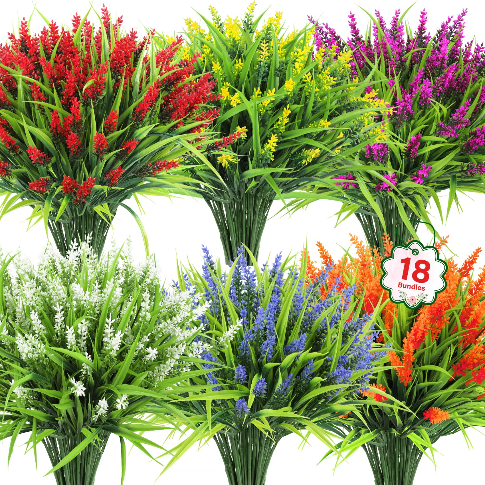 BlueCloudy 18 Bundles Artificial Flowers Outdoors Faux Lavender Plants, UV Resistant Plastic Fake Decorative Flower for Outside Hanging Baskets Planter Garden Home Office, Grass, Table Deco