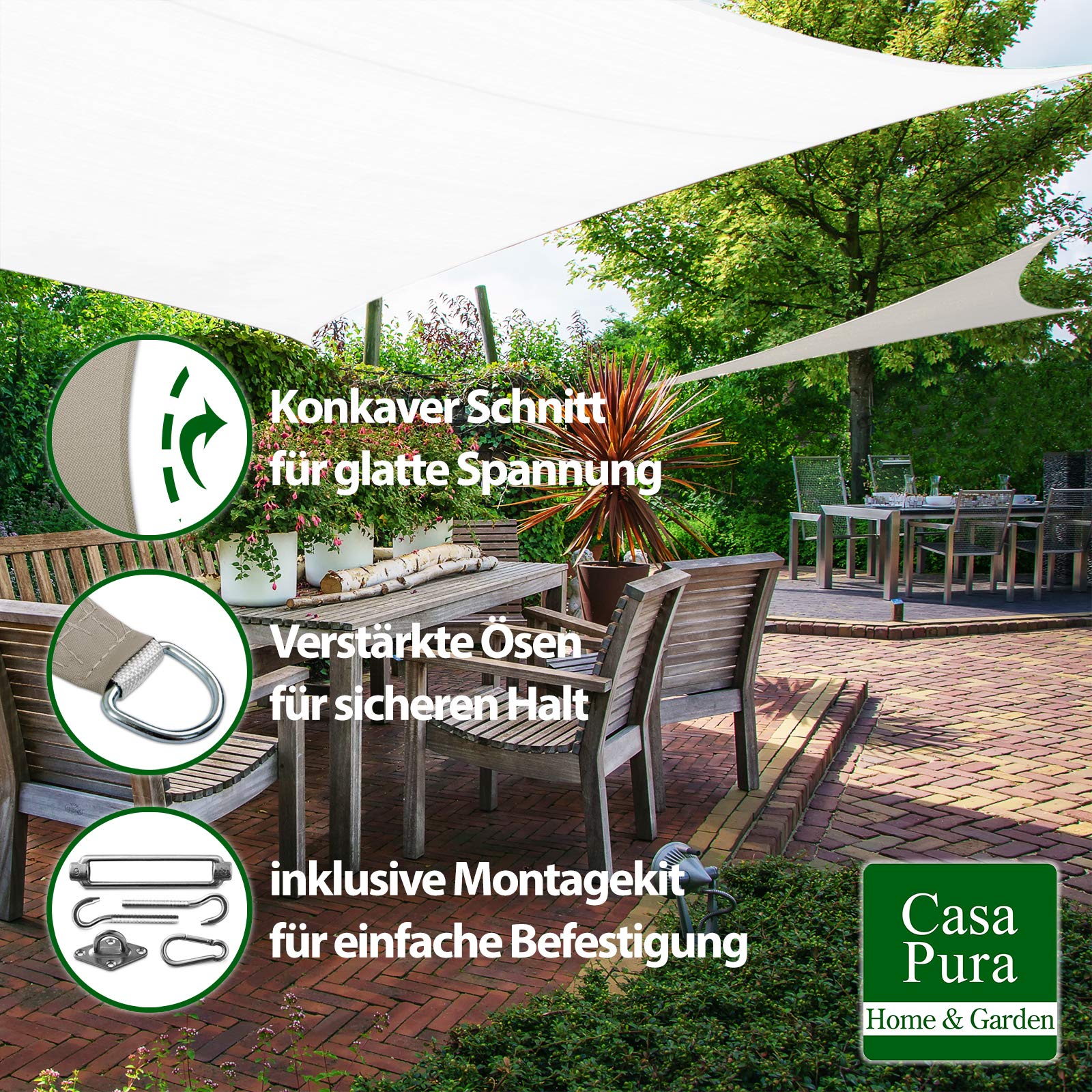 casa pura Sonnensegel mit Befestigungsset | für Garten, Balkon und Terrasse | wasserabweisend und atmungsaktiv