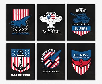 American Flag Wall Art - US Army Decor & Posters for Boys Room, Soldier Artwork/Great Gifts - Set of 6 Modern Art 11 x 14 Black