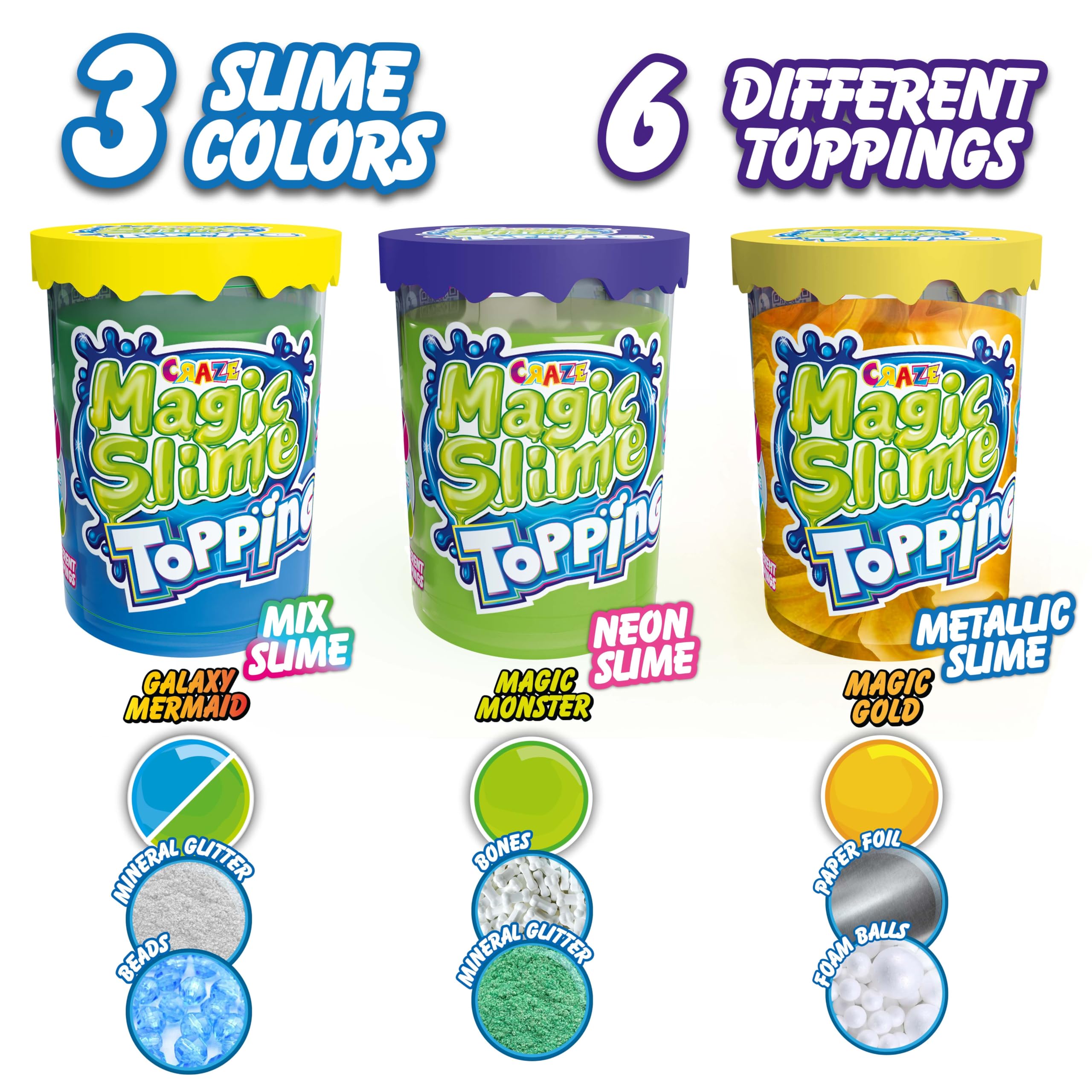 CRAZE Magic Slime Topping Fantasy - Zestaw 3 słoików na kleiste ciasto dla dzieci 3X 70 ML z cekinami i różnymi nadzieniami - bezpieczny i bez pozostałości