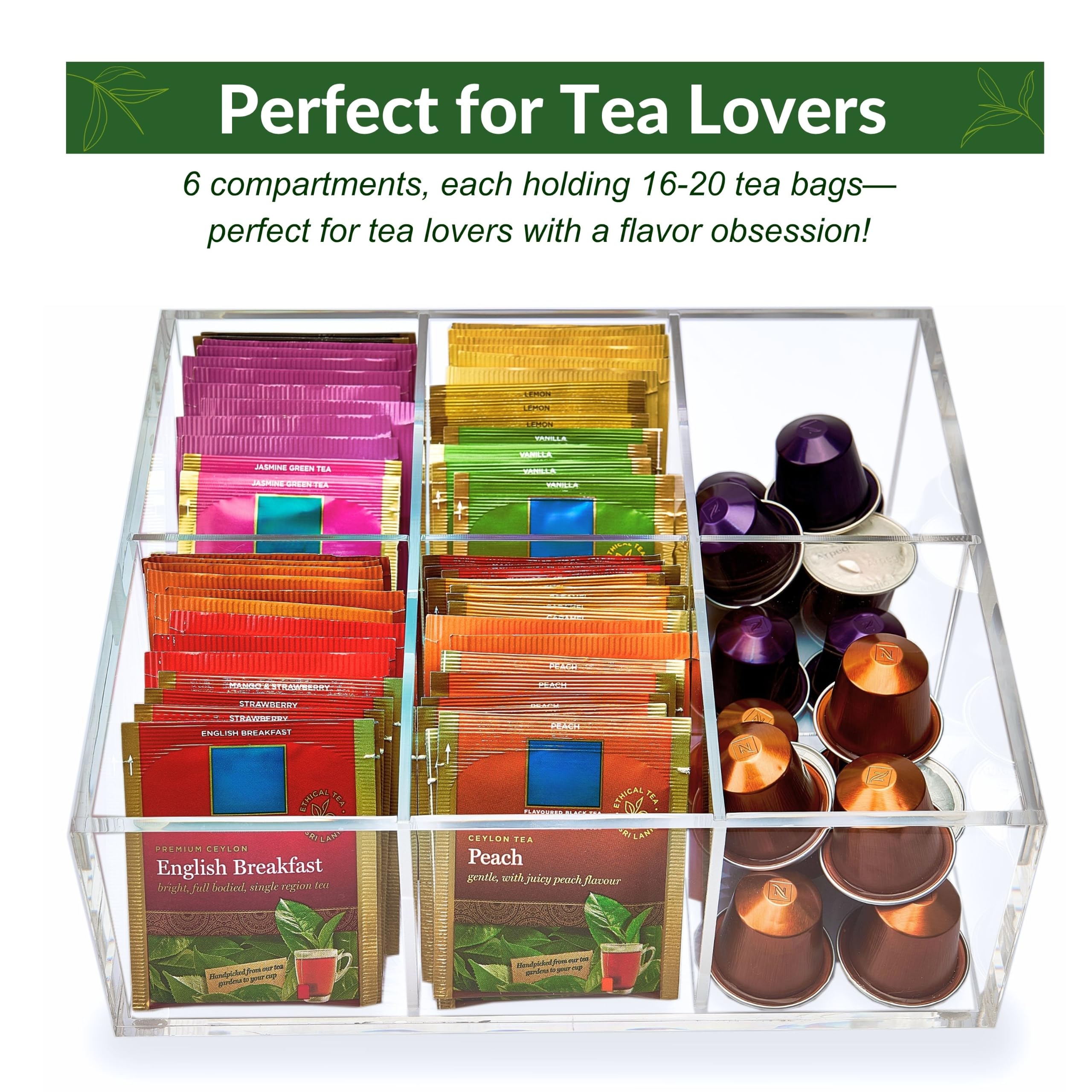 Strapazierfähiger Acryl Teebeutel-Organizer, 6-Fächer Aufbewahrungsbox | Perfekter Organizer: 6 Fächer halten Teebeutel und Kaffeepads ordentlich sortiert und sparen Platz auf der Arbeitsplatte.