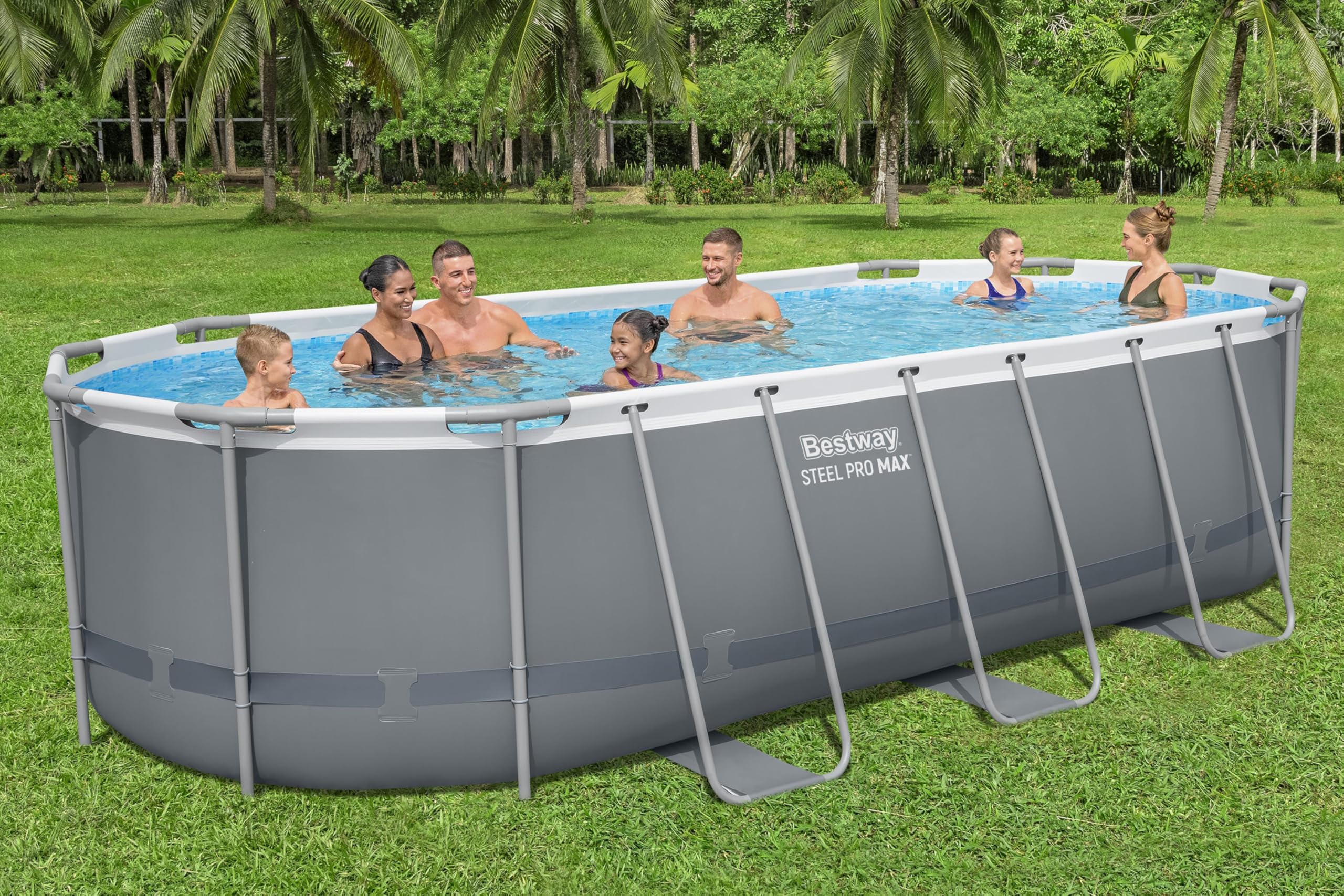 Bestway Steel Pro MAX Frame Pool Komplett-Set, 549 x 274 x 122 cm, 13.430 L, TriTech-Material, Filterpumpe, Sicherheitsleiter, Abdeckplane, Fliesenmosaik, einfacher Aufbau, langlebiger Stahlrahmen
